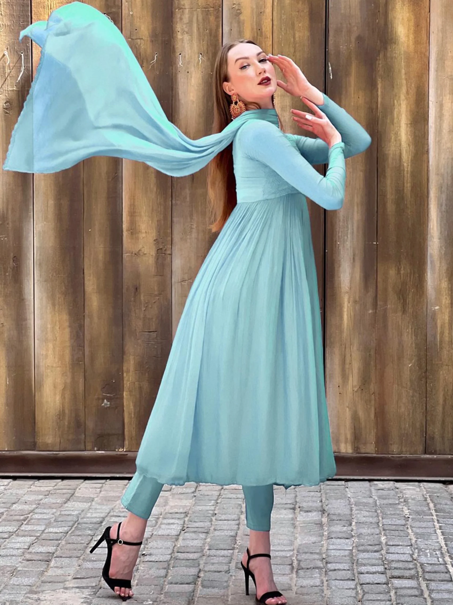 Amalfi Blue Chikankari Anarkali Set (set of 3) - Image 5