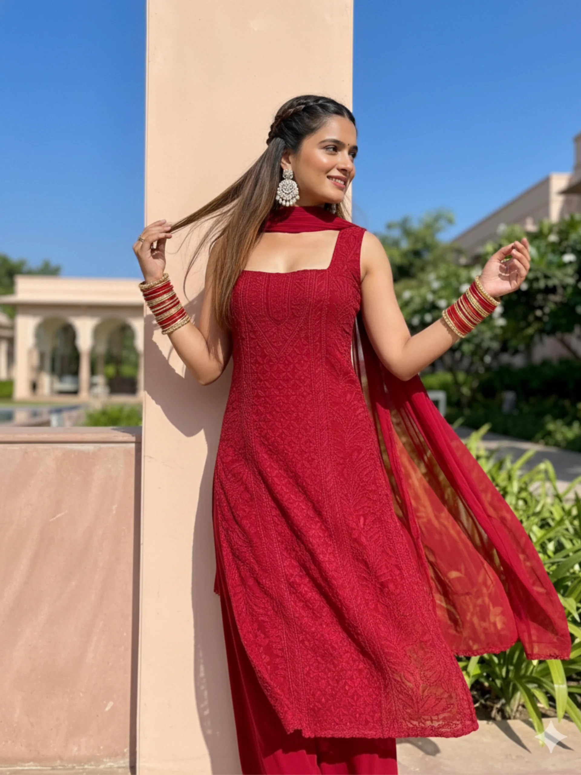 Apricot Chikankari Kurta Set (Set of 3) - Image 16