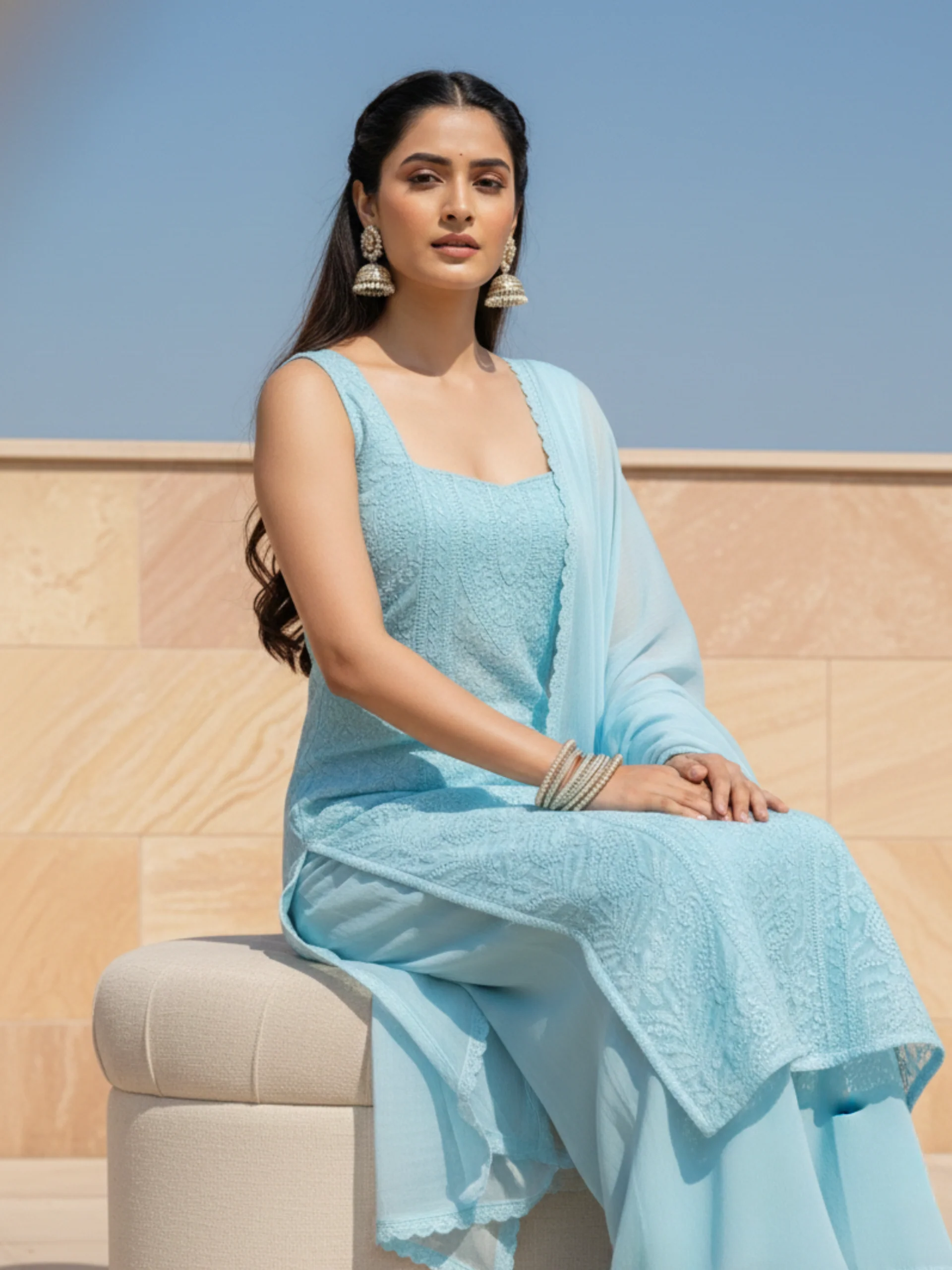 Apricot Chikankari Kurta Set (Set of 3) - Image 22