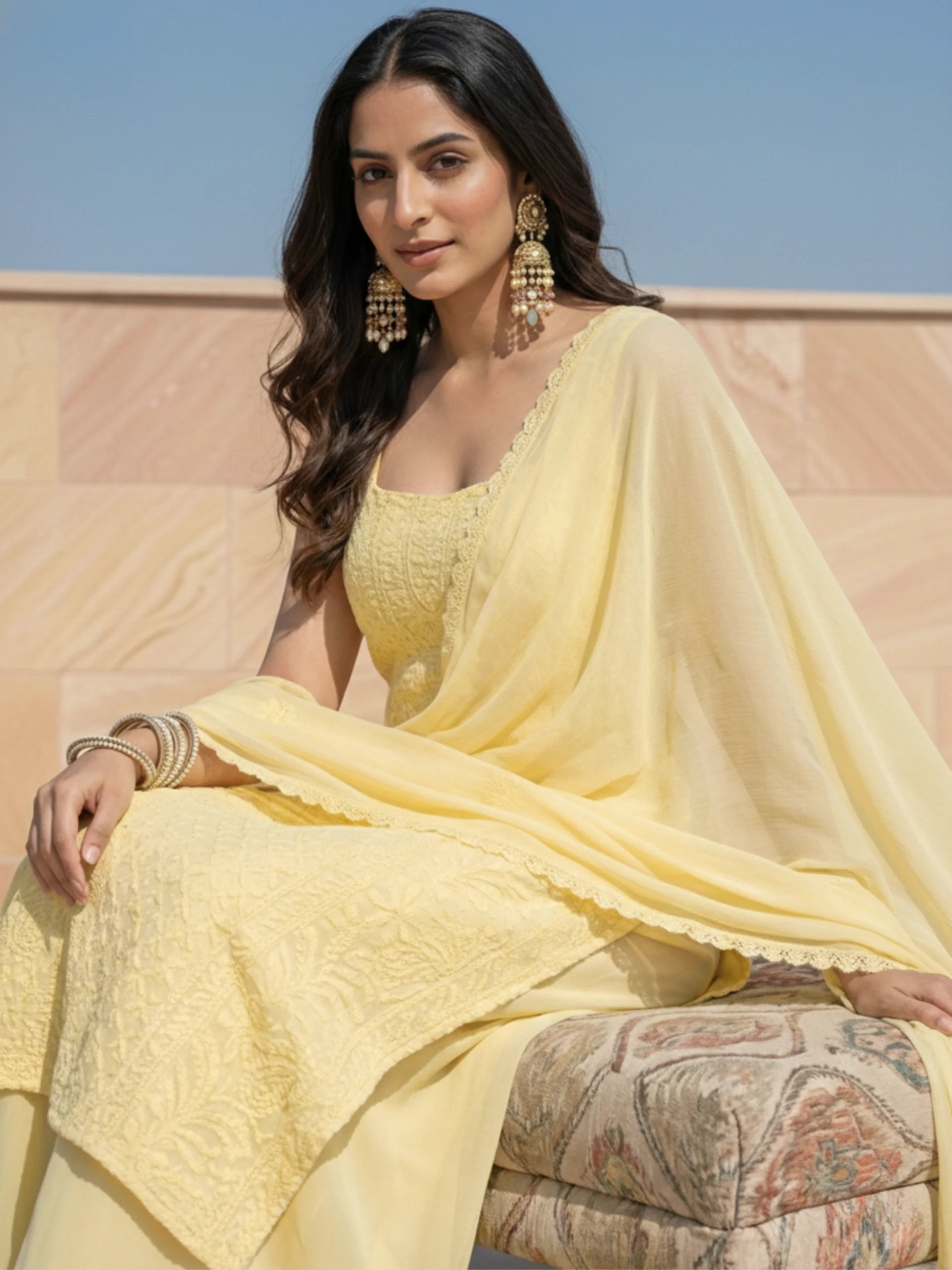 Apricot Chikankari Kurta Set (Set of 3) - Image 25