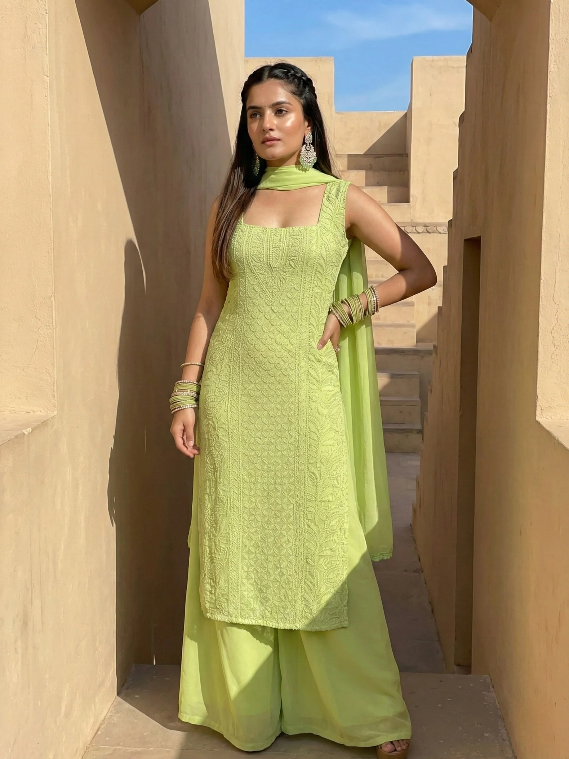 Apricot Chikankari Kurta Set (Set of 3) - Image 5