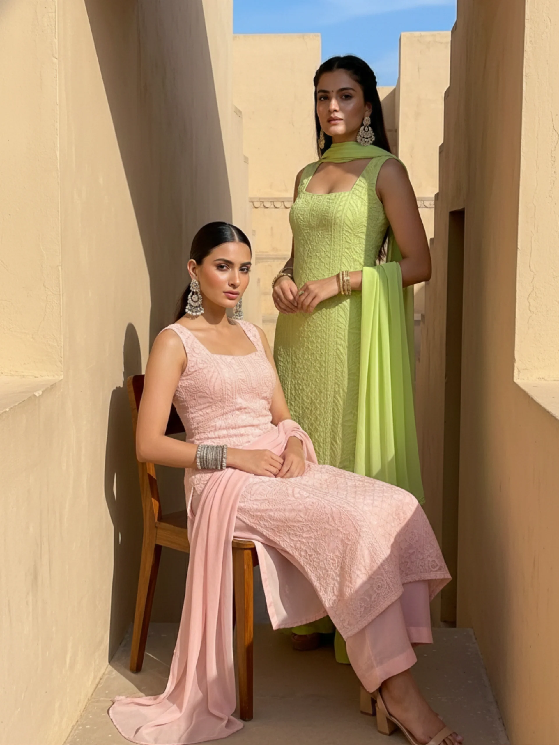 Apricot Chikankari Kurta Set (Set of 3) - Image 9