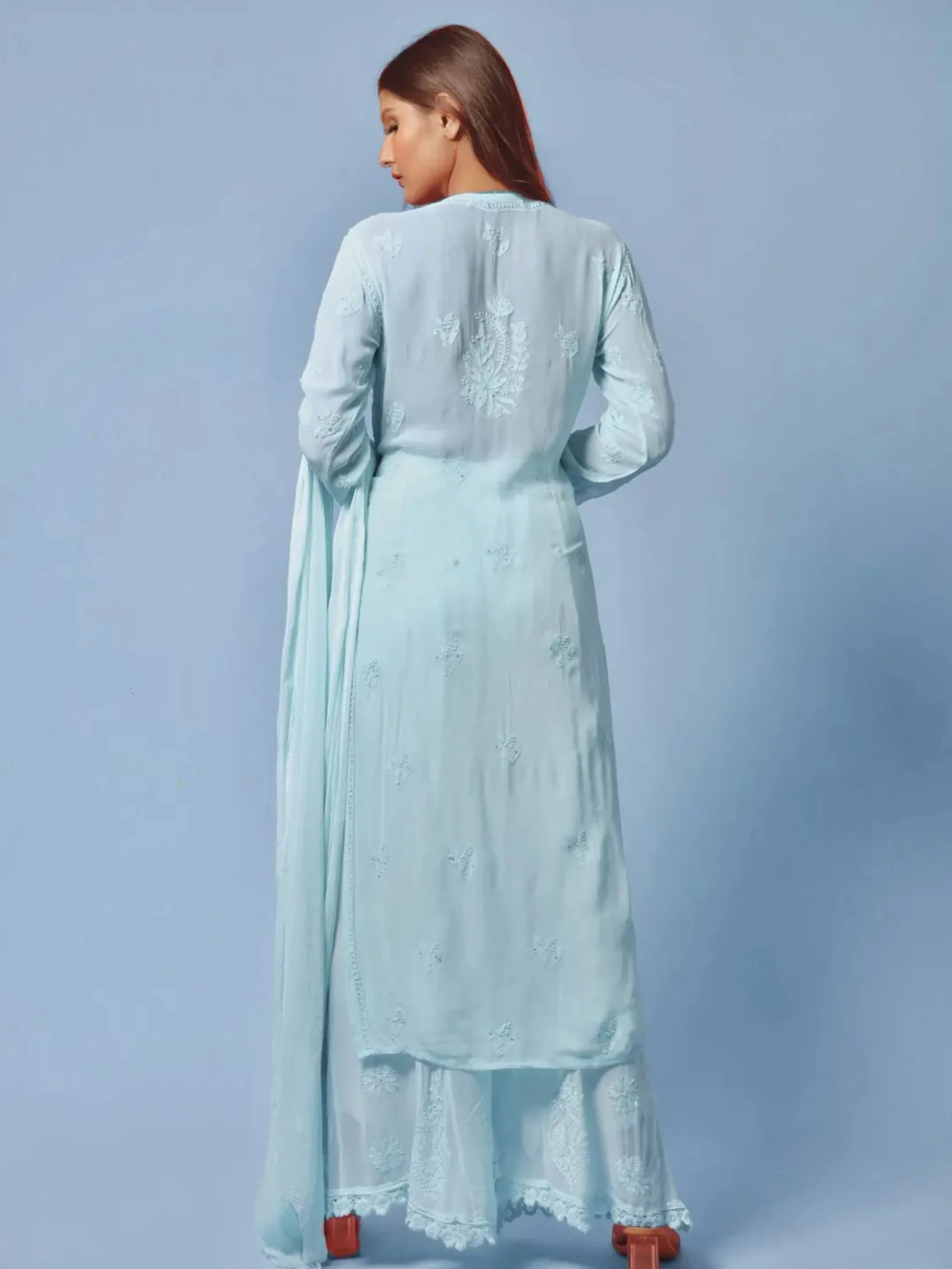 Baby Blue Chikankari & Mukaish Kurta Set (Set of 3) - Image 3