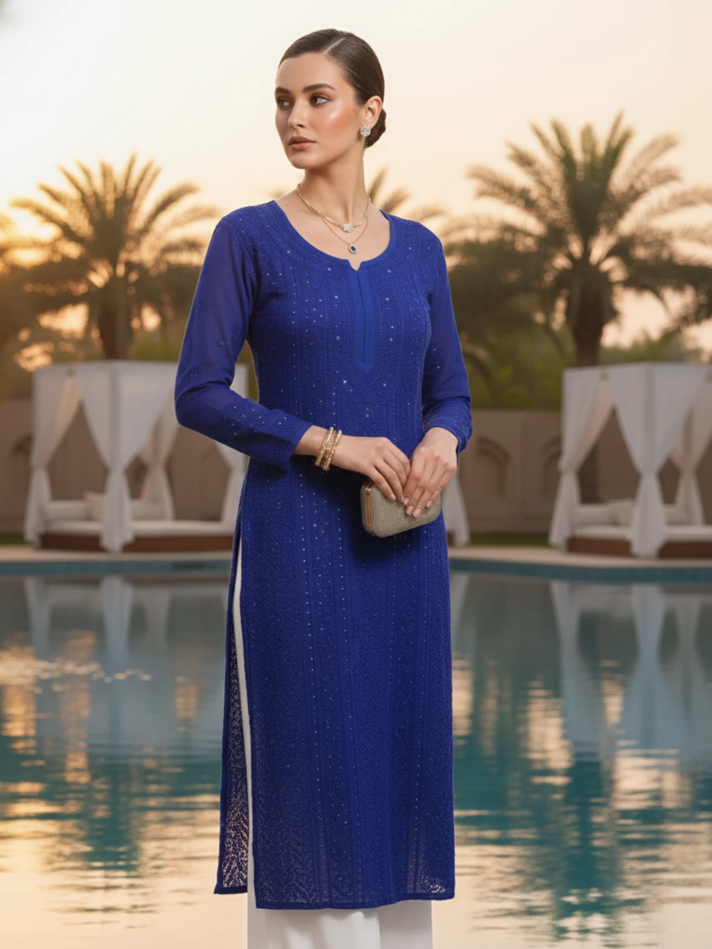 Bazaar Blue Chikankari Full Sleeves Long Kurta - Image 3