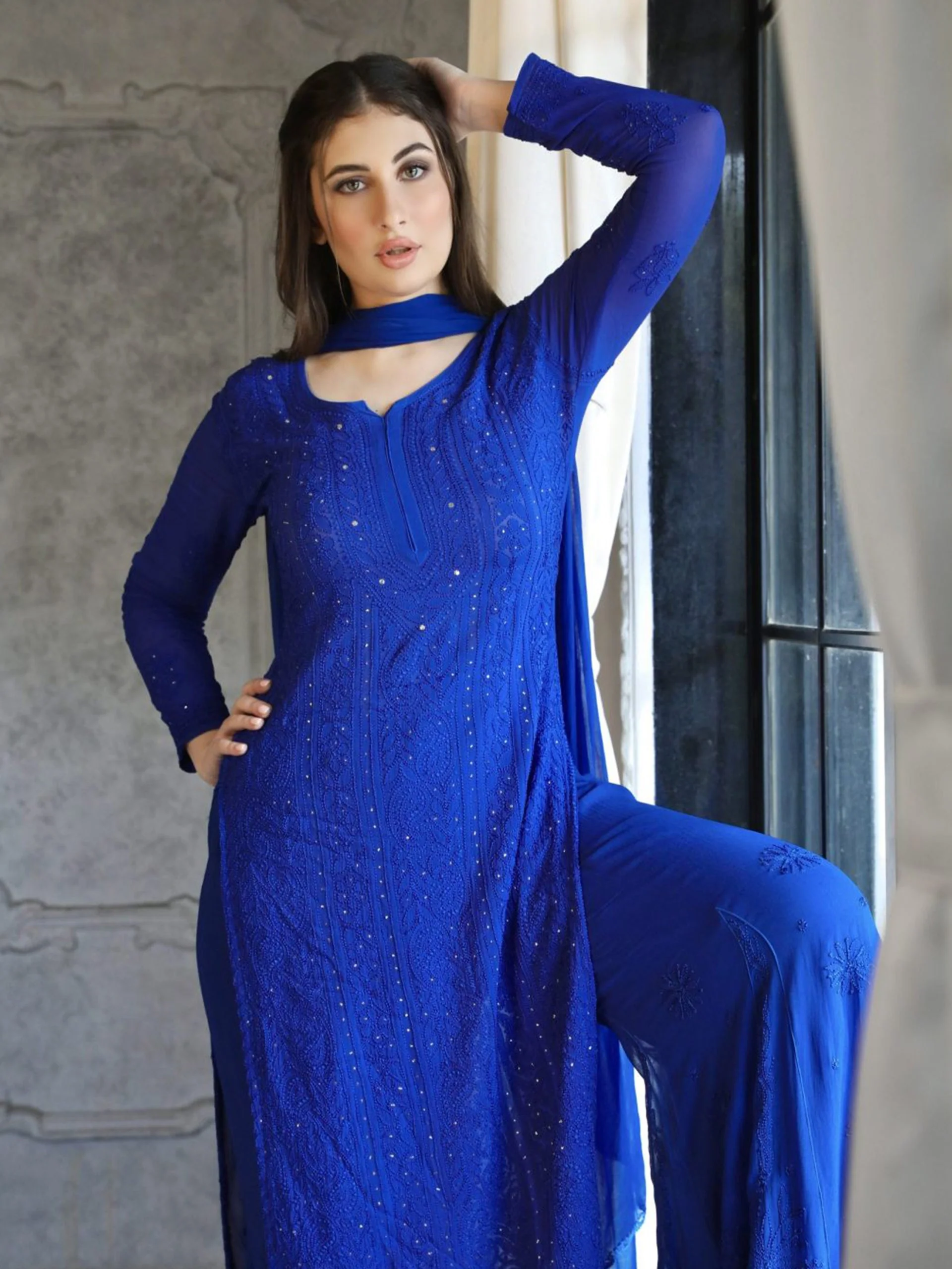 Bazaar Blue Chikankari Full Sleeves Long Kurta - Image 7