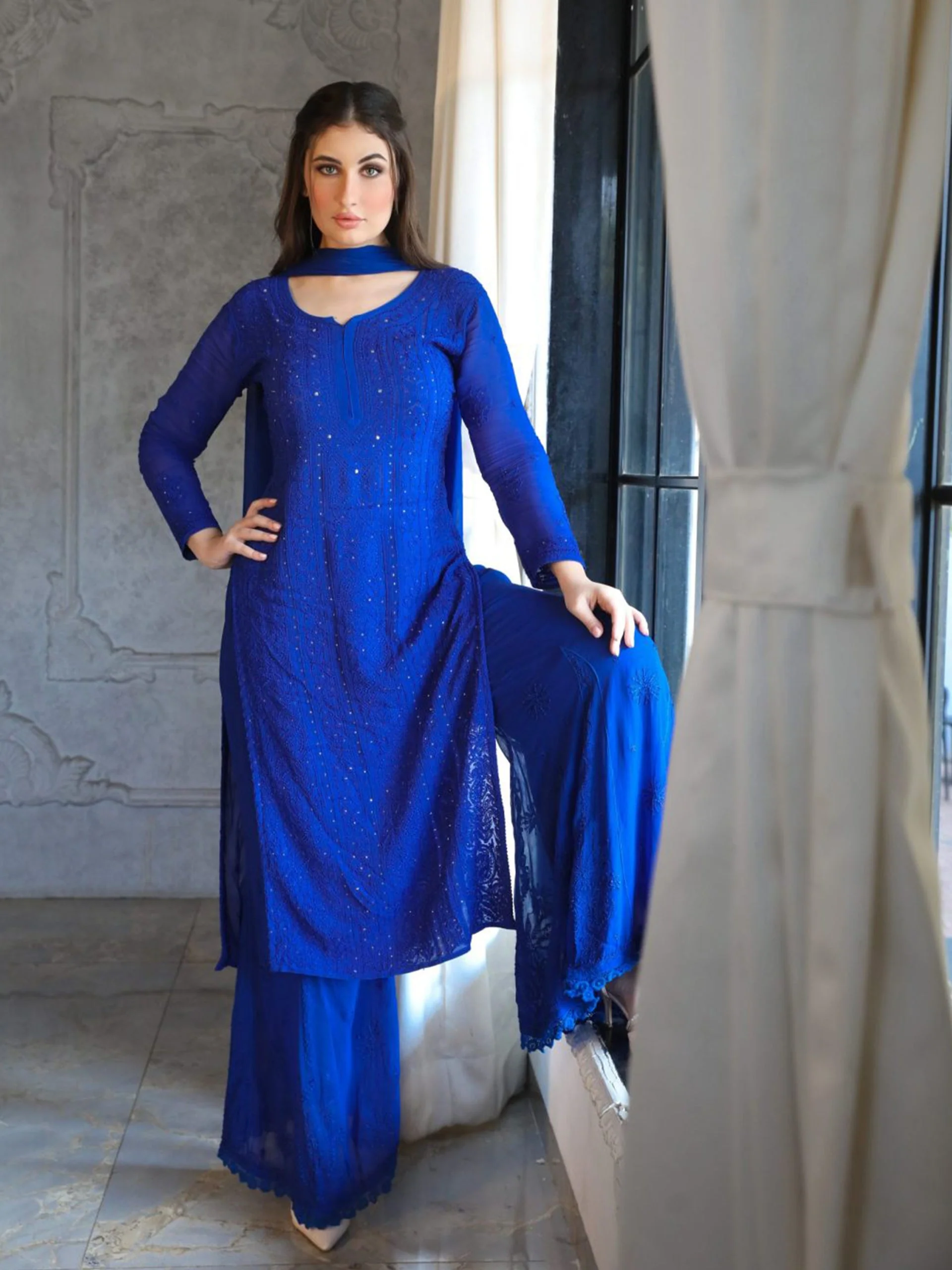 Bazaar Blue Chikankari Full Sleeves Long Kurta - Image 8