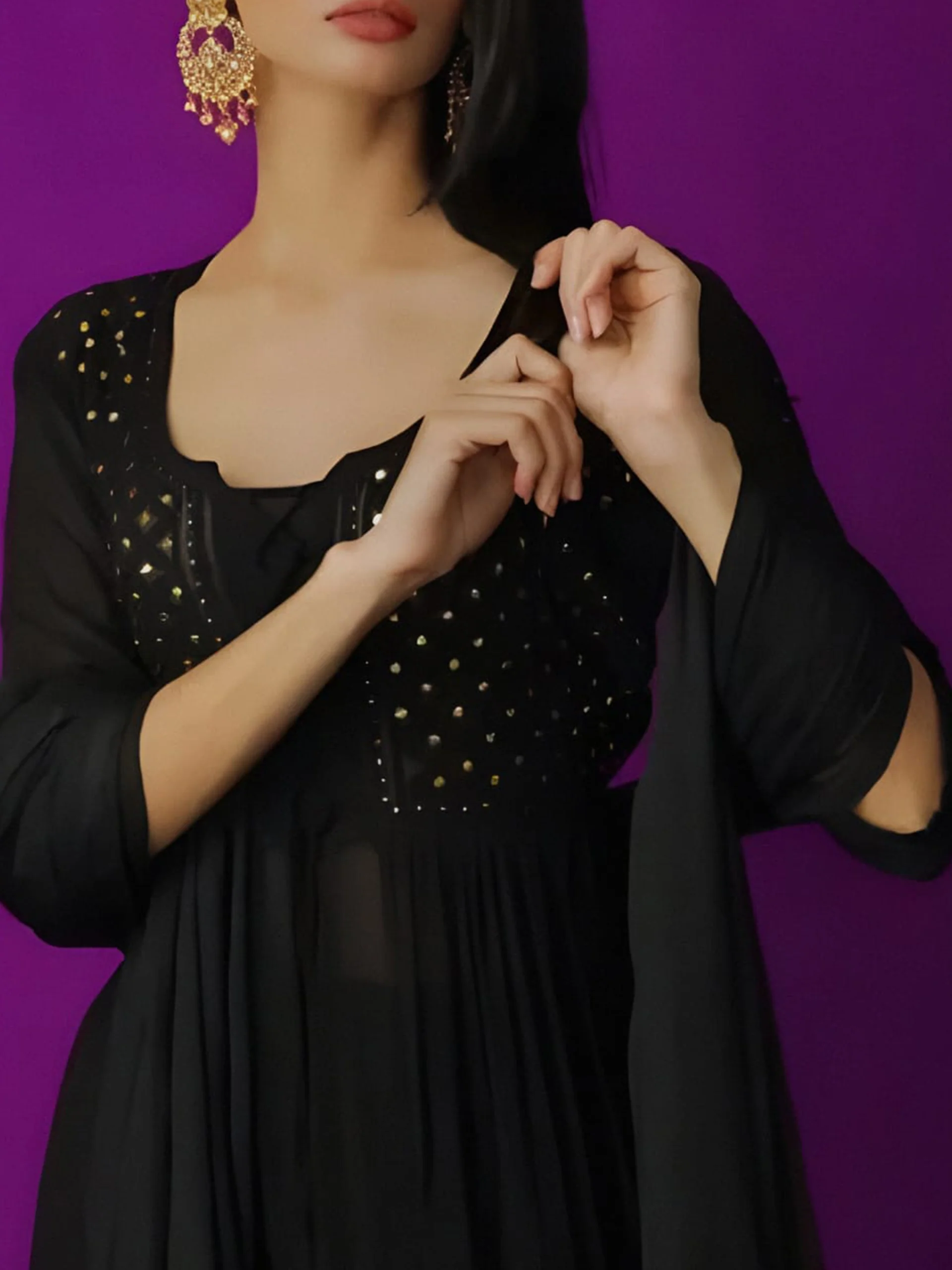 Black Metal Chikankari & Mukaish Kurta Set - Image 3