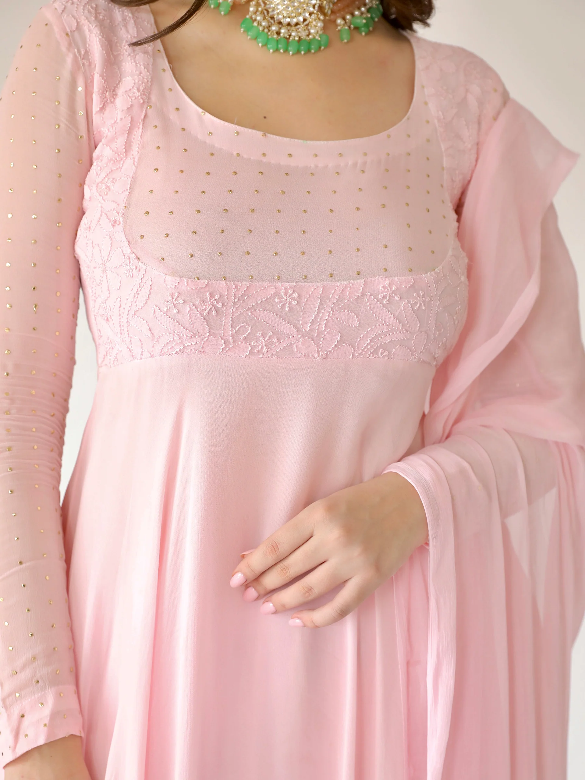 Camellia Pink Chikankari Anarkali Set (Set of 3) - Image 3