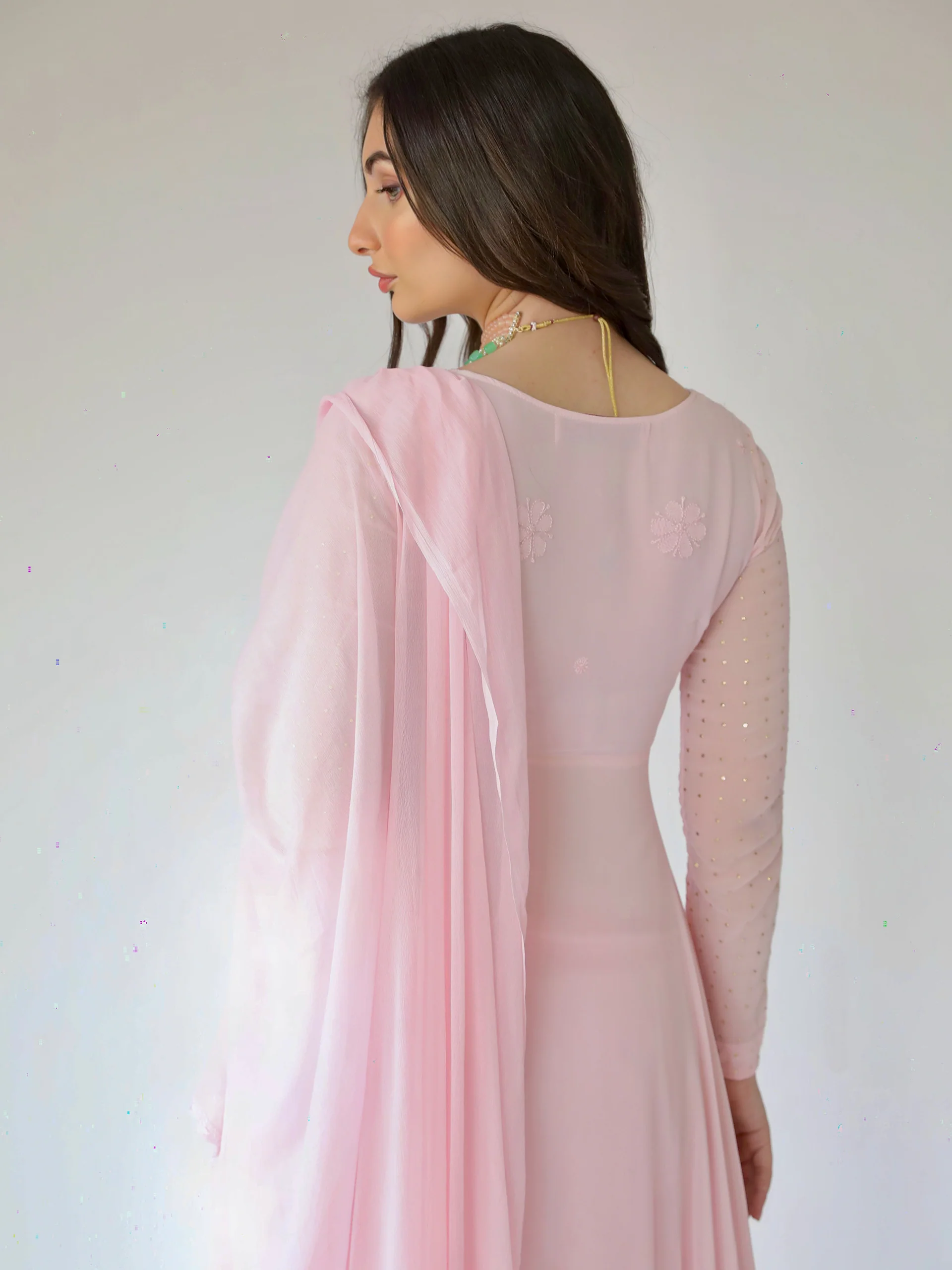 Camellia Pink Chikankari Anarkali Set (Set of 3) - Image 4