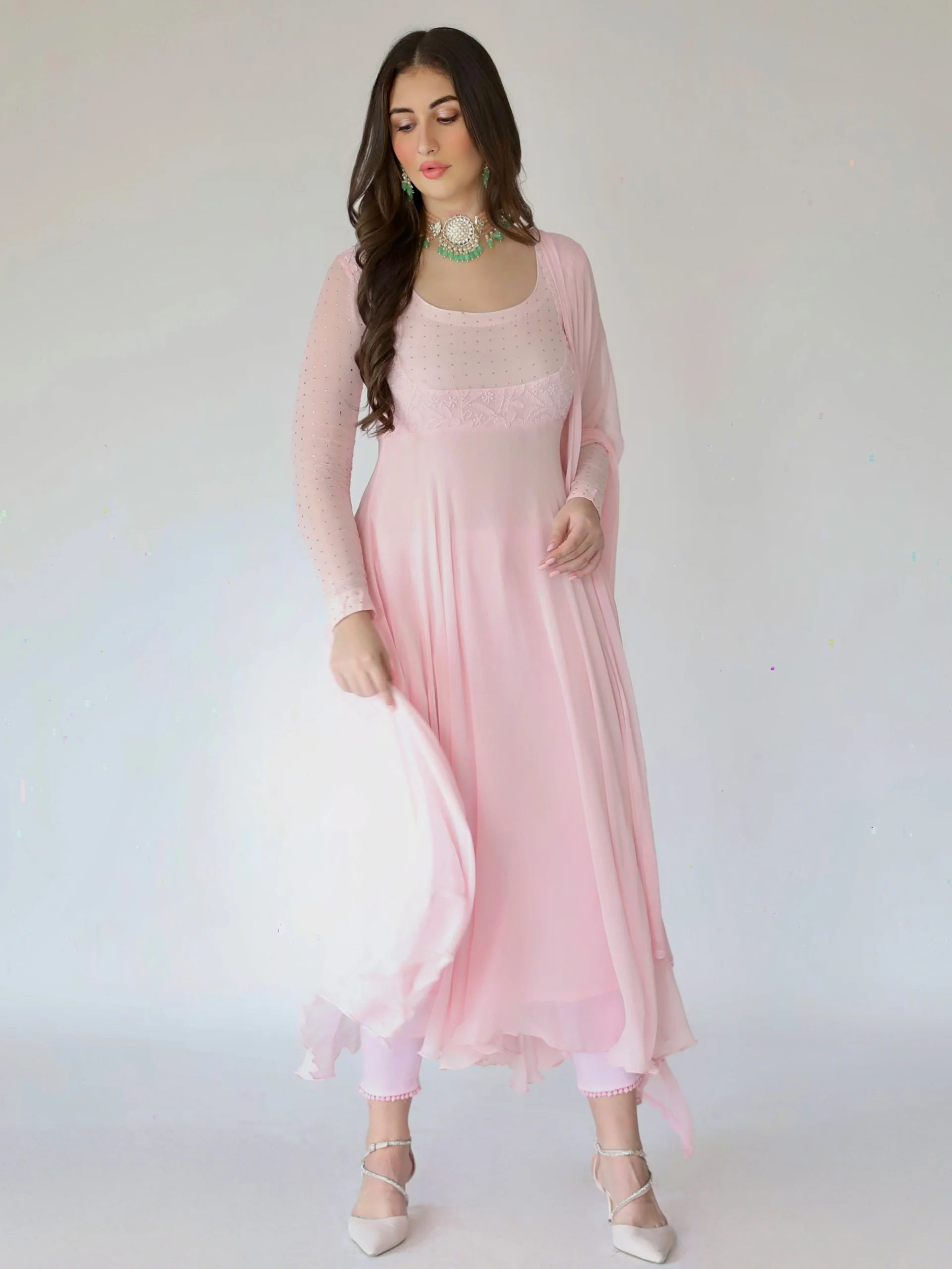 Camellia Pink Chikankari Anarkali Set (Set of 3) - Image 5