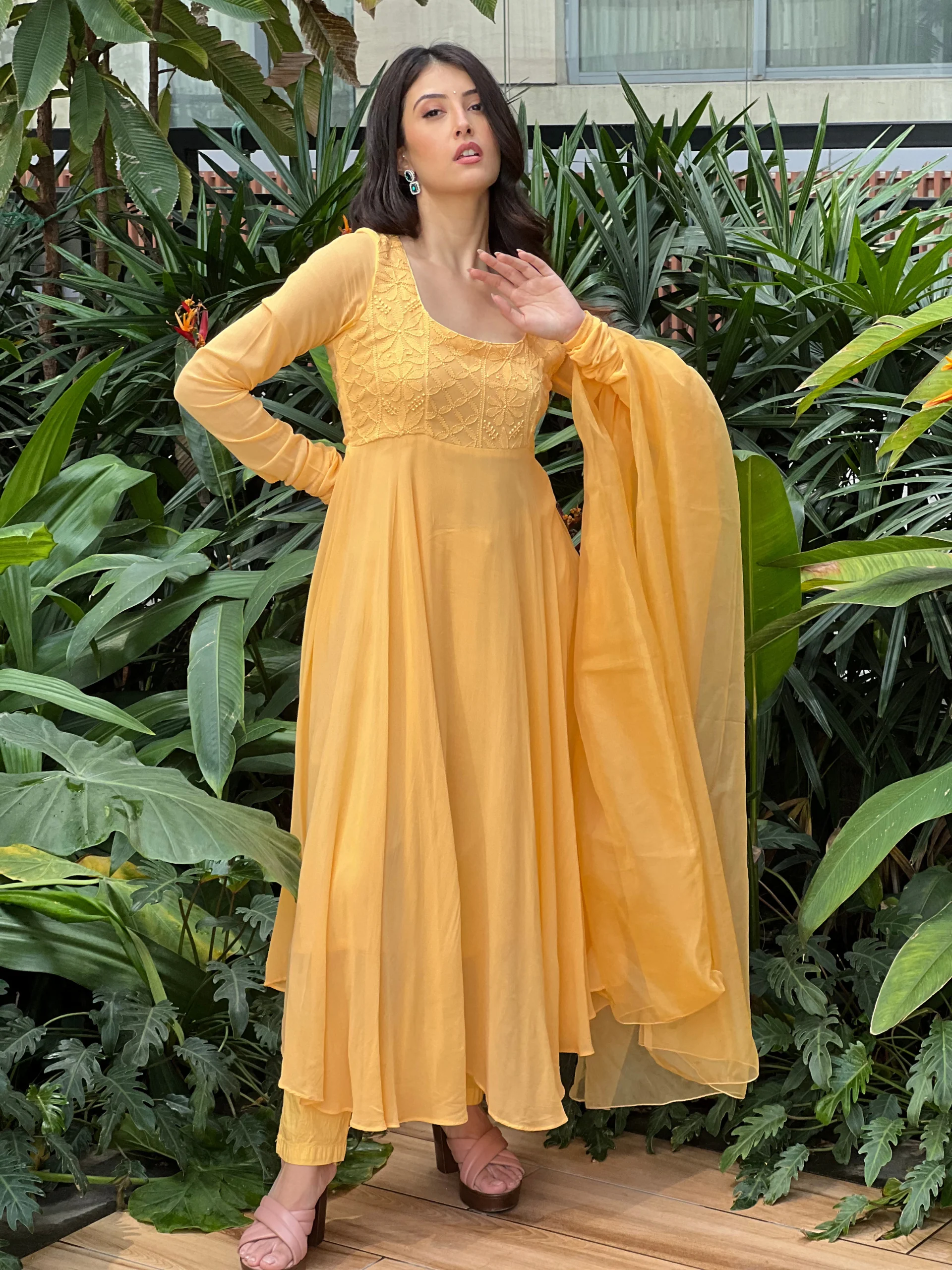 Candy Yellow Chikankari Anarkali (Set of 3) - Image 10