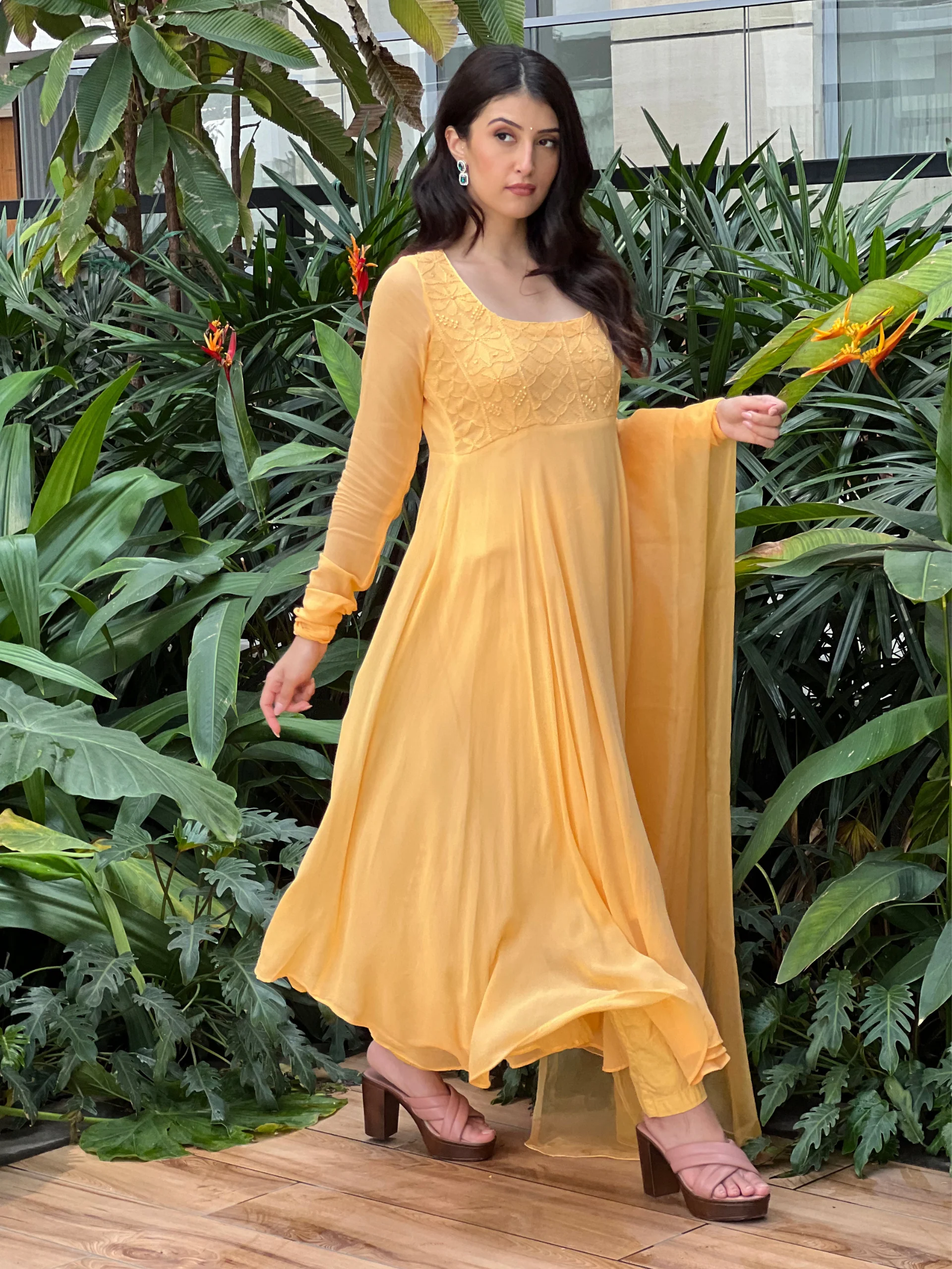 Candy Yellow Chikankari Anarkali (Set of 3) - Image 4