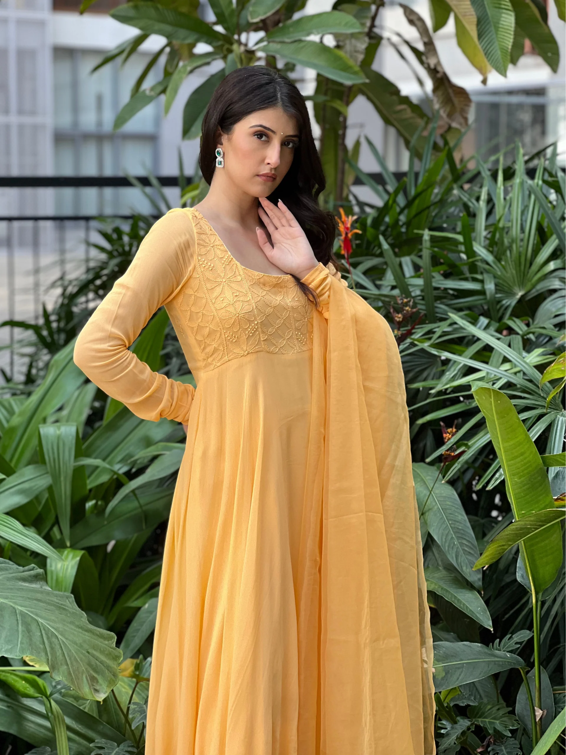 Candy Yellow Chikankari Anarkali (Set of 3) - Image 5