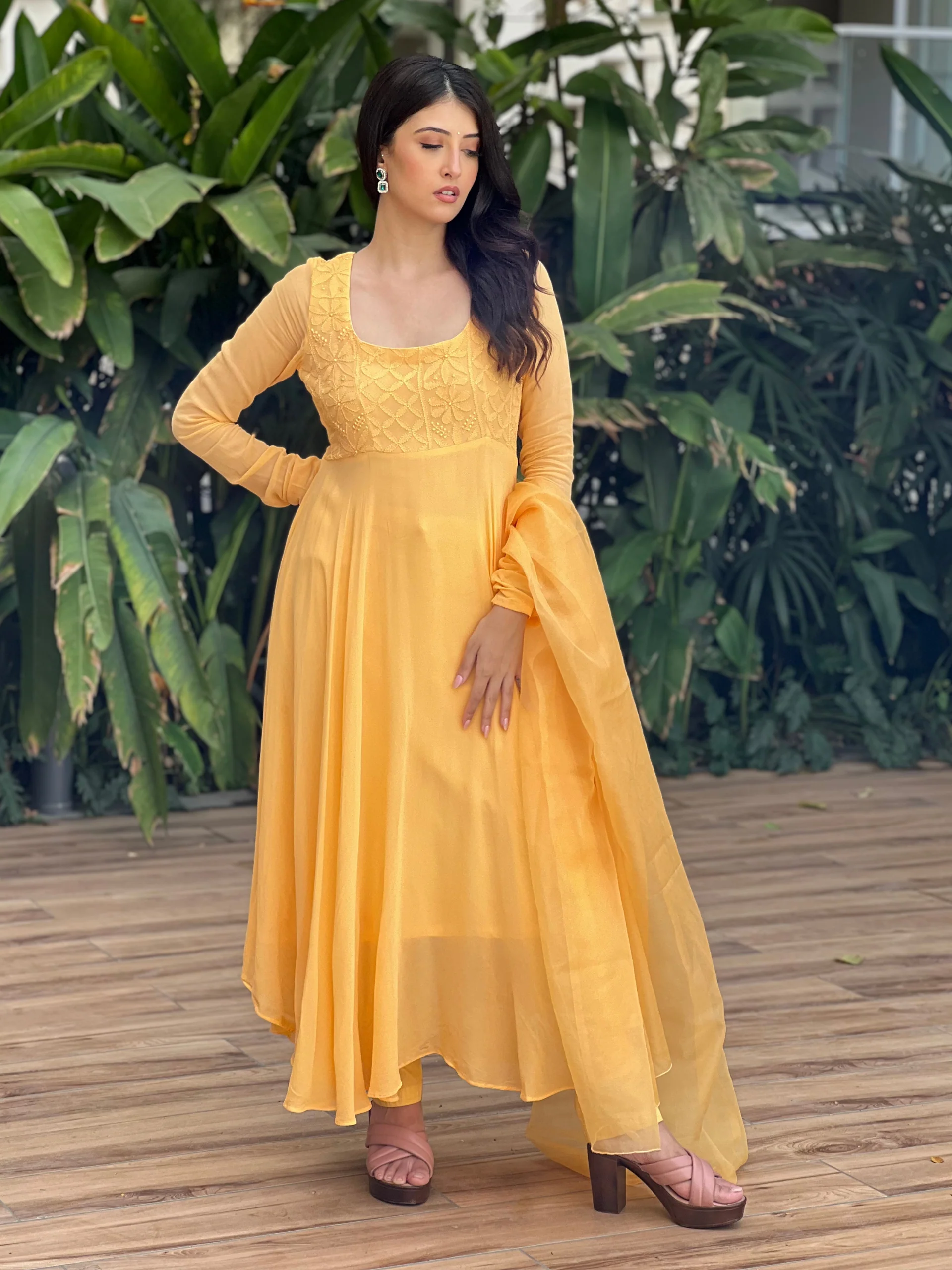 Candy Yellow Chikankari Anarkali (Set of 3) - Image 6