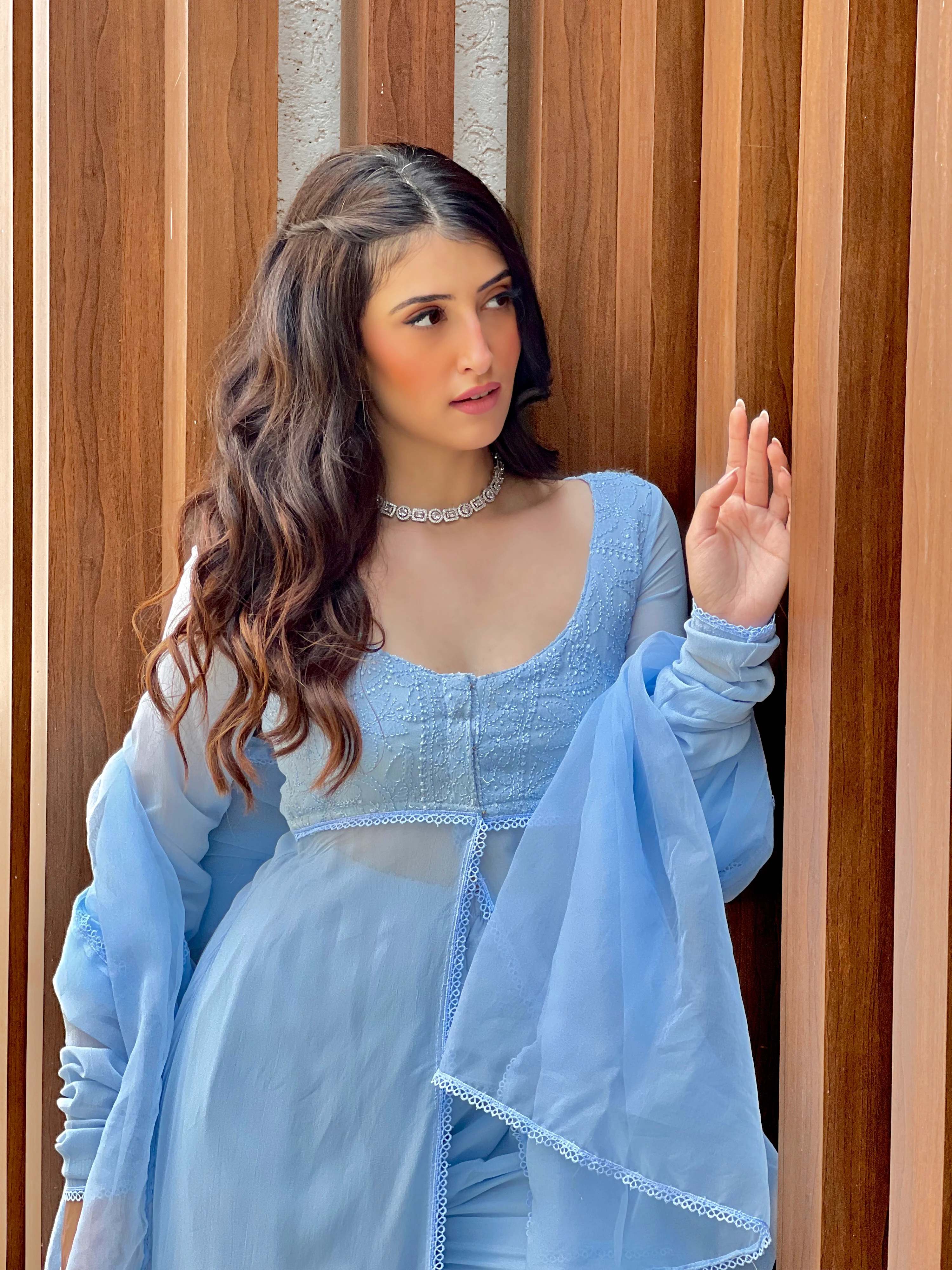 Carla Blue Chikankari Anarkali Kurta Set (Set of 3) - Image 3