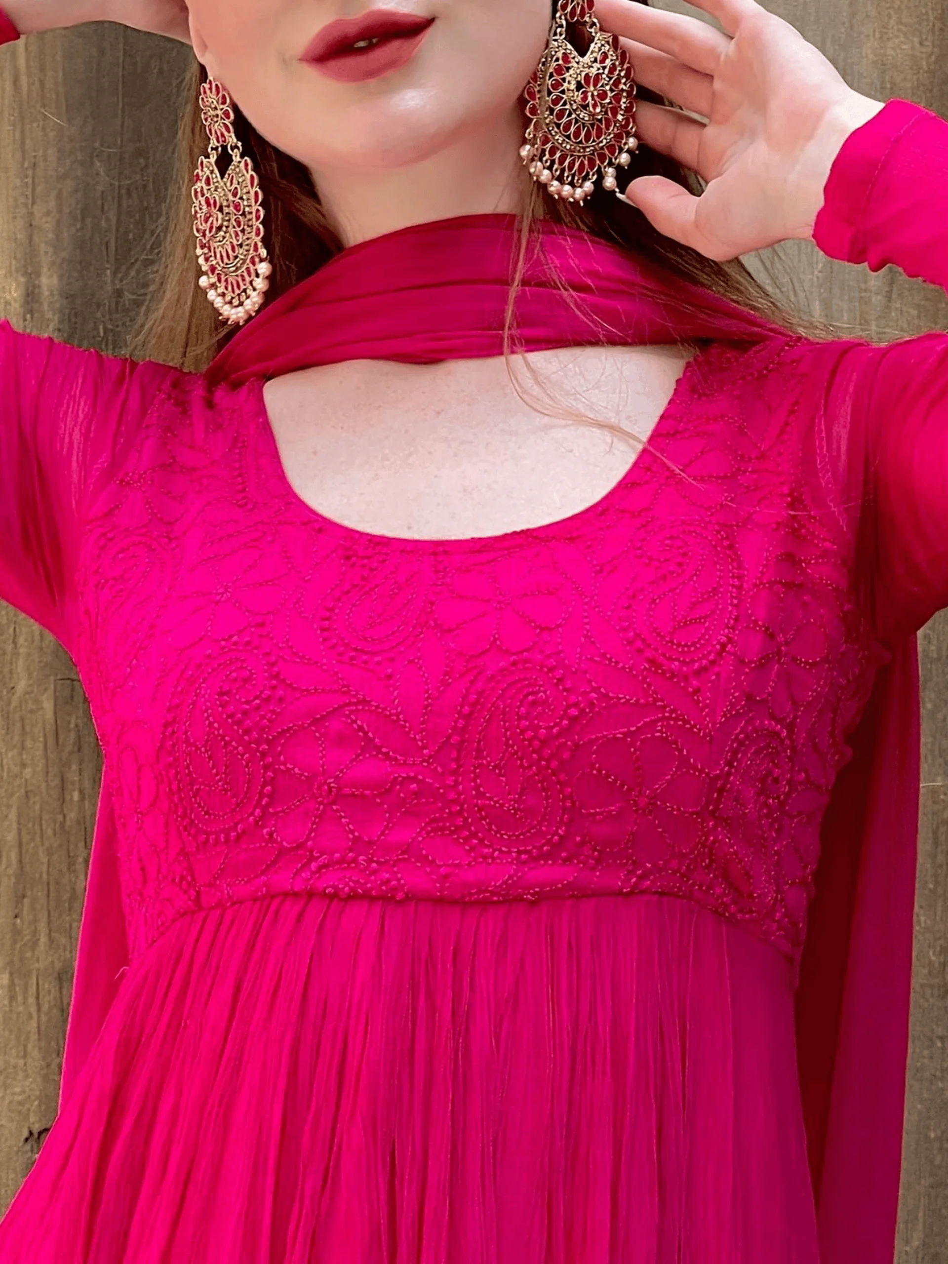 Cleopatra Pink Chikankari Anarkali Set (Set of 3) - Image 11