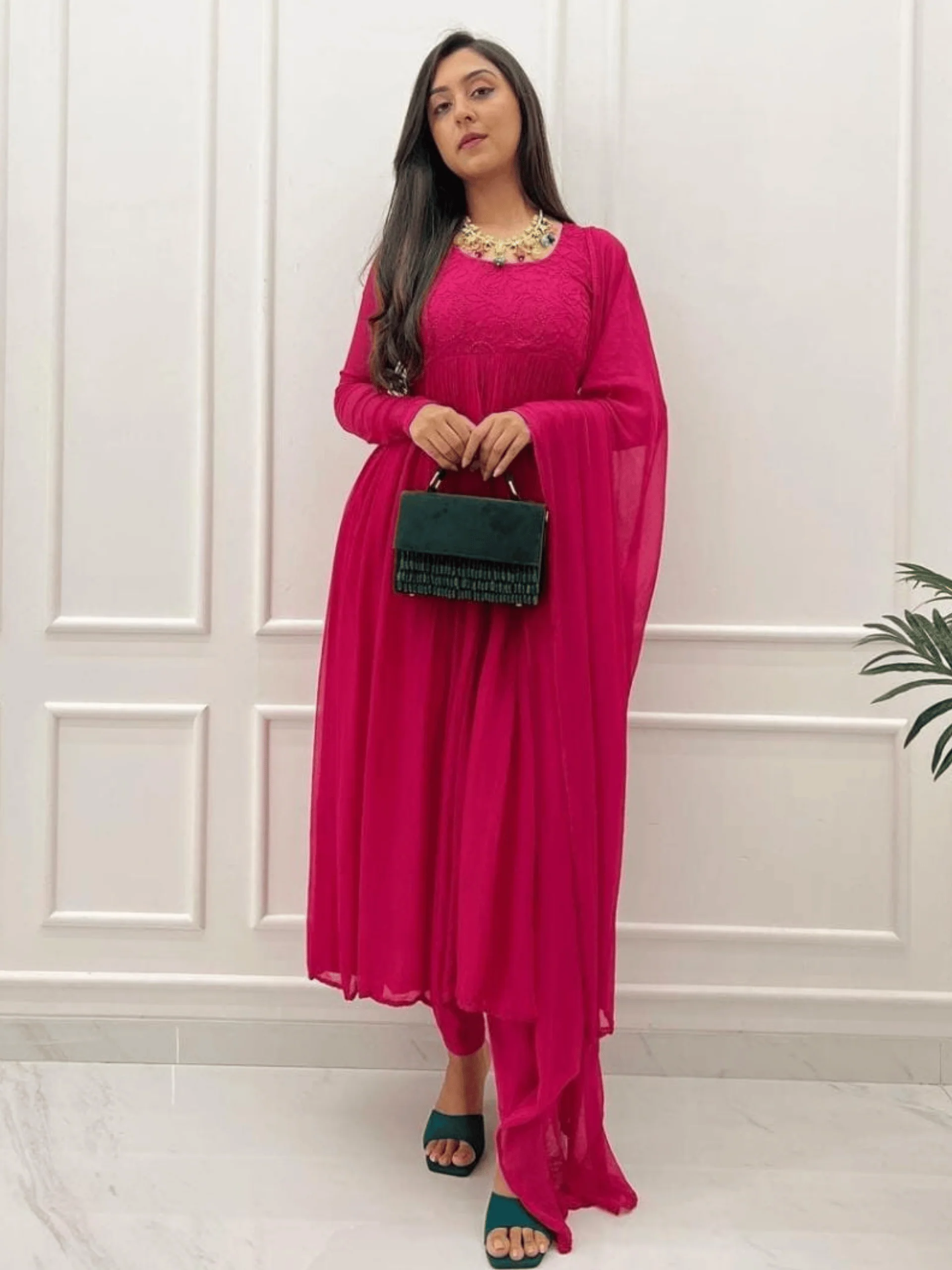 Cleopatra Pink Chikankari Anarkali Set (Set of 3) - Image 12