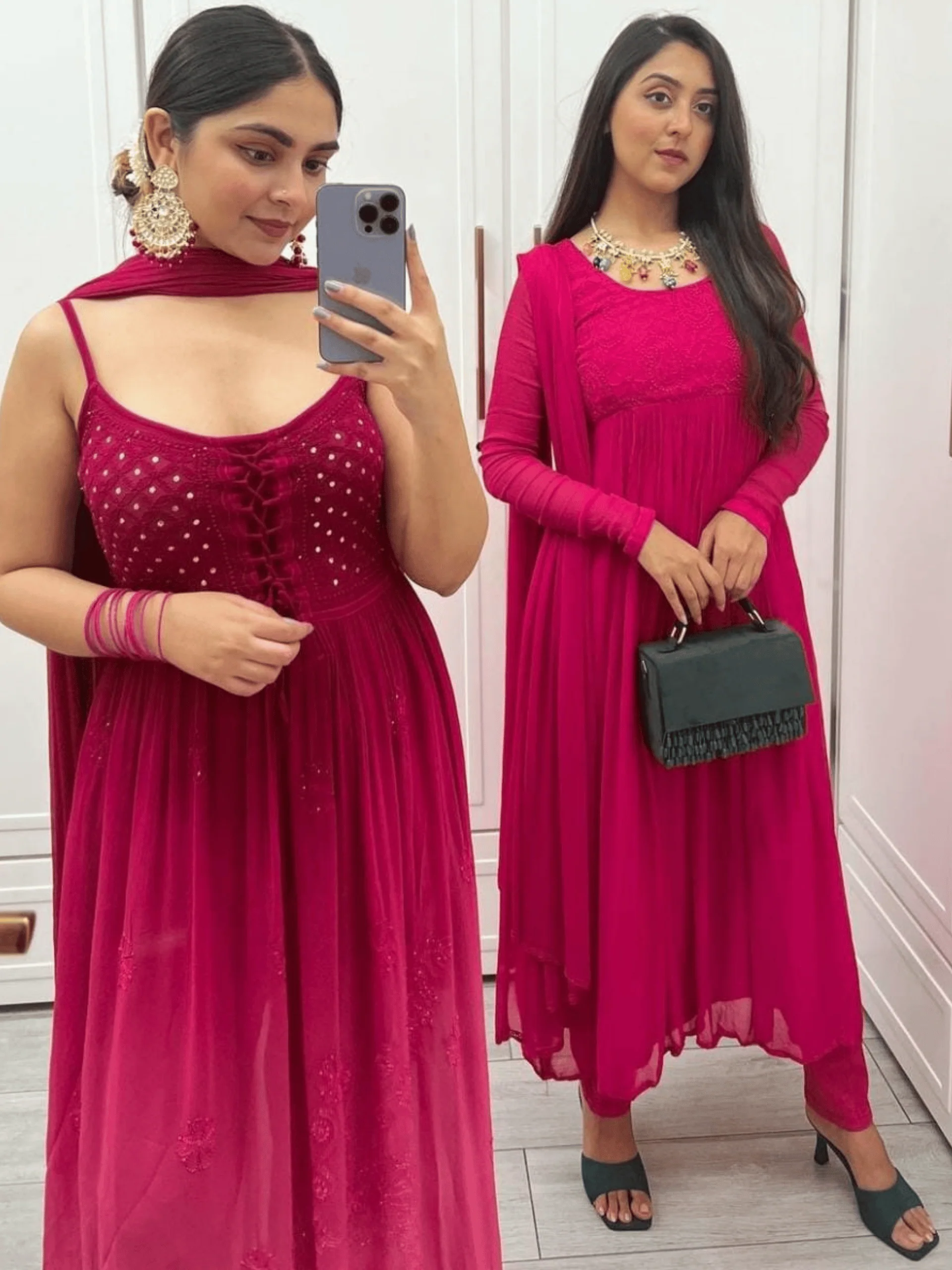 Cleopatra Pink Chikankari Anarkali Set (Set of 3) - Image 13