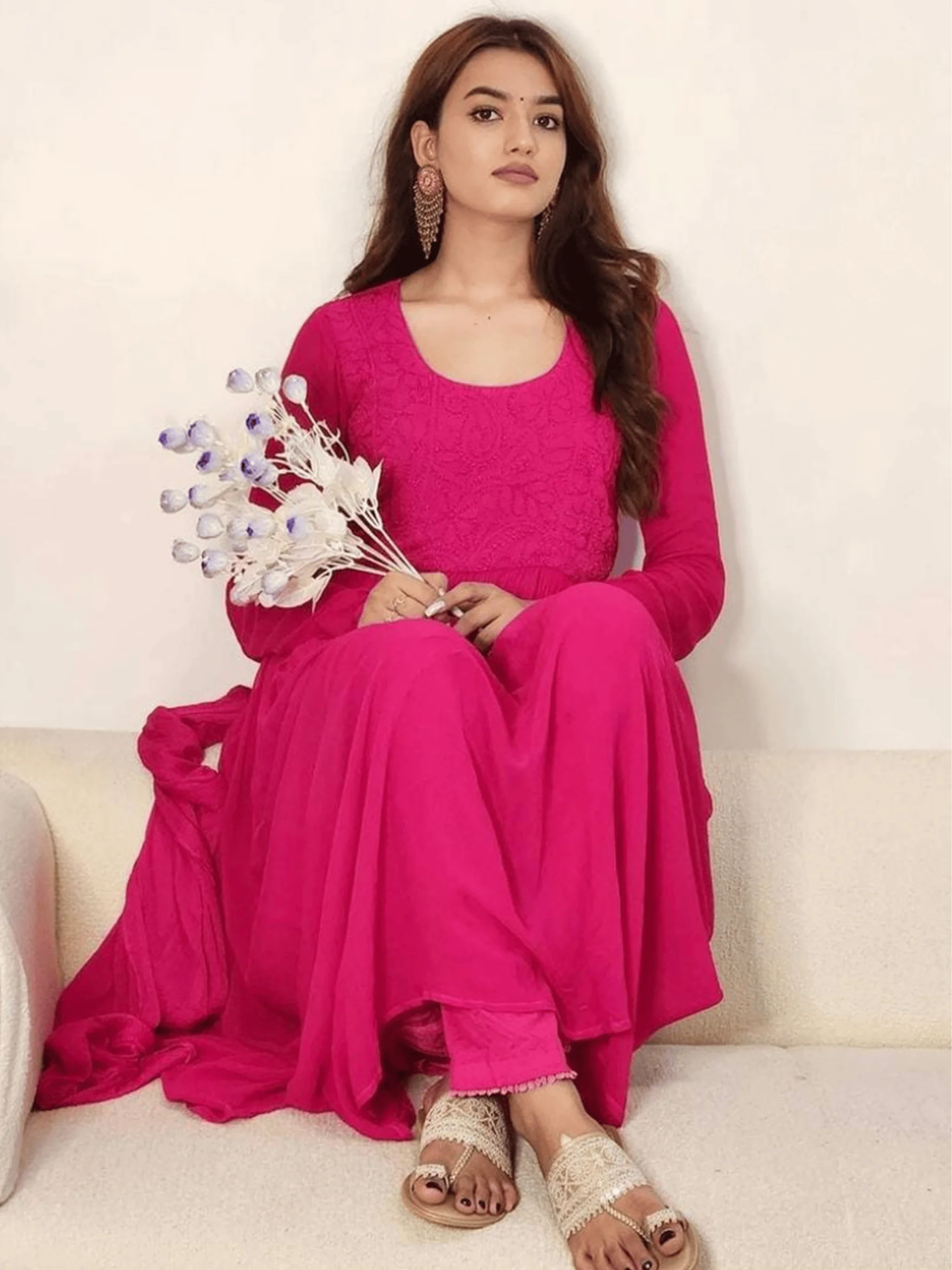 Cleopatra Pink Chikankari Anarkali Set (Set of 3) - Image 14