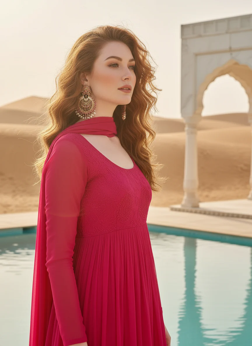 Cleopatra Pink Chikankari Anarkali Set (Set of 3) - Image 3