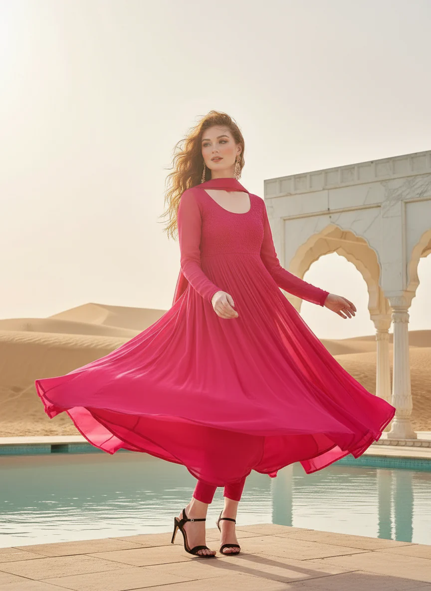 Cleopatra Pink Chikankari Anarkali Set (Set of 3) - Image 4