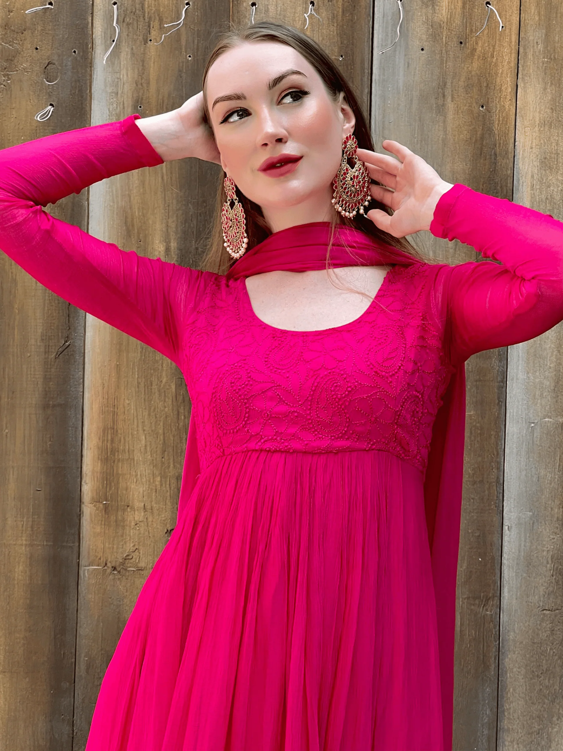 Cleopatra Pink Chikankari Anarkali Set (Set of 3) - Image 5