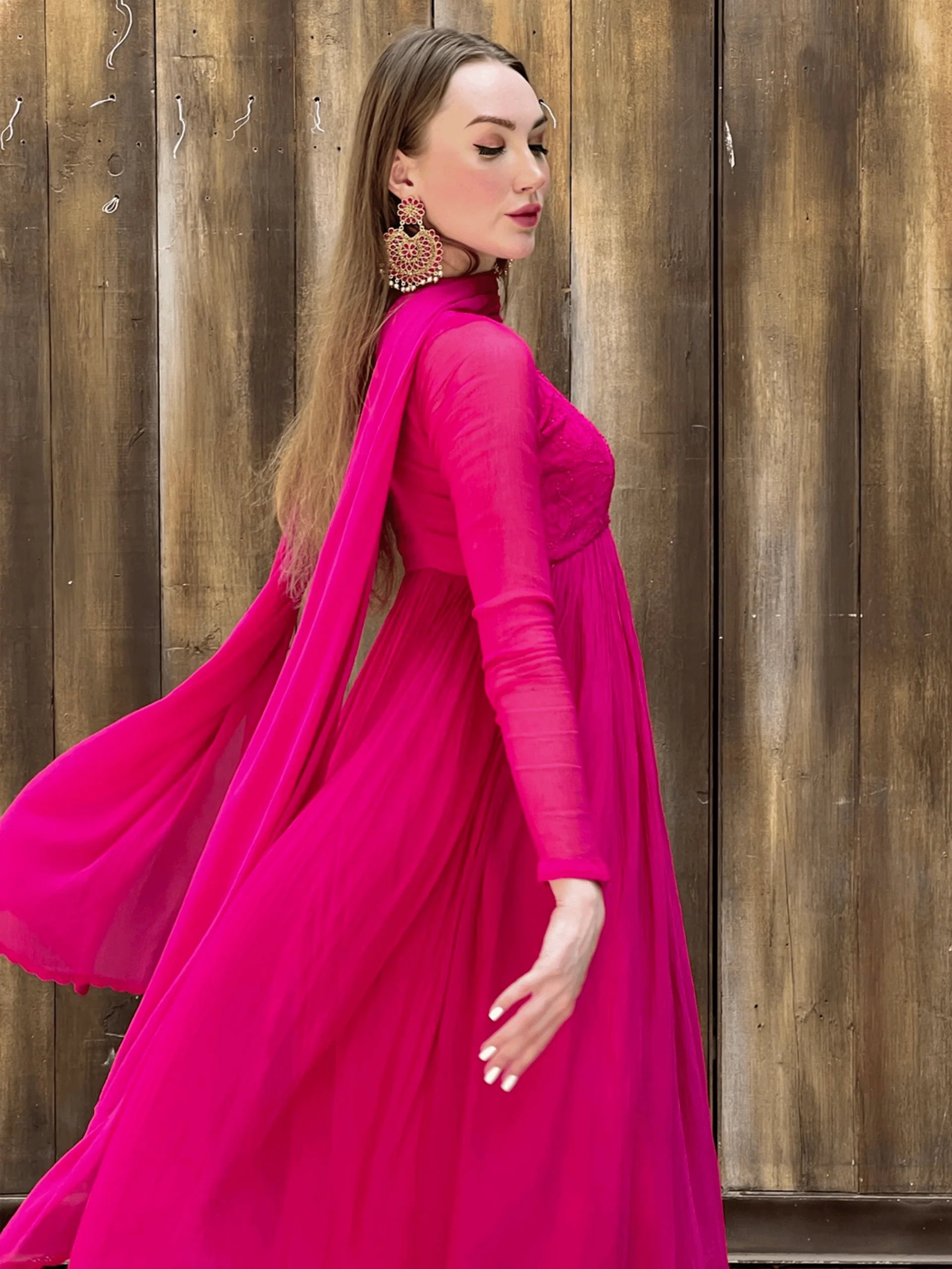 Cleopatra Pink Chikankari Anarkali Set (Set of 3) - Image 9