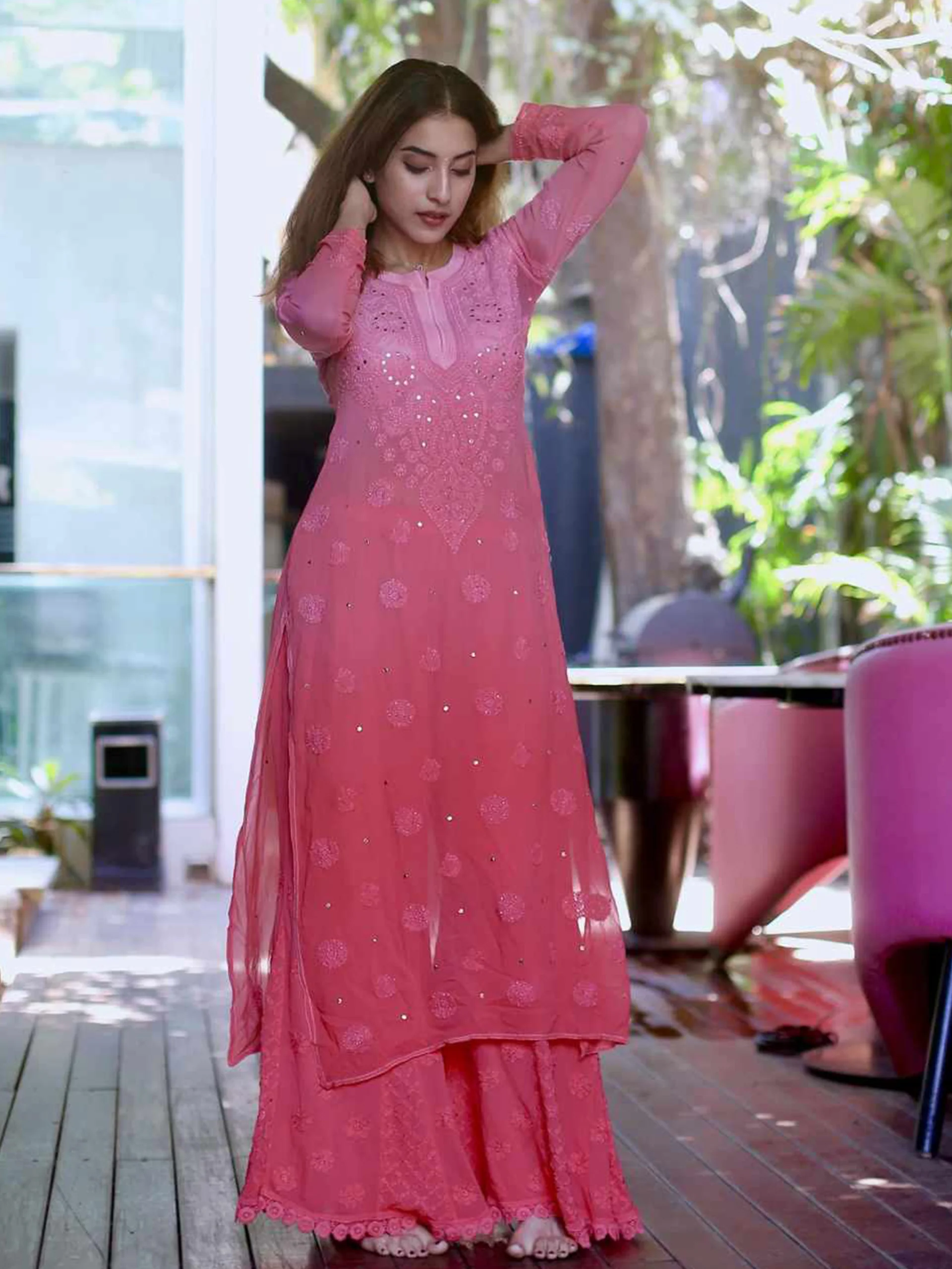 Conch Shell Pink Ombré Chikankari Kurta - Image 3