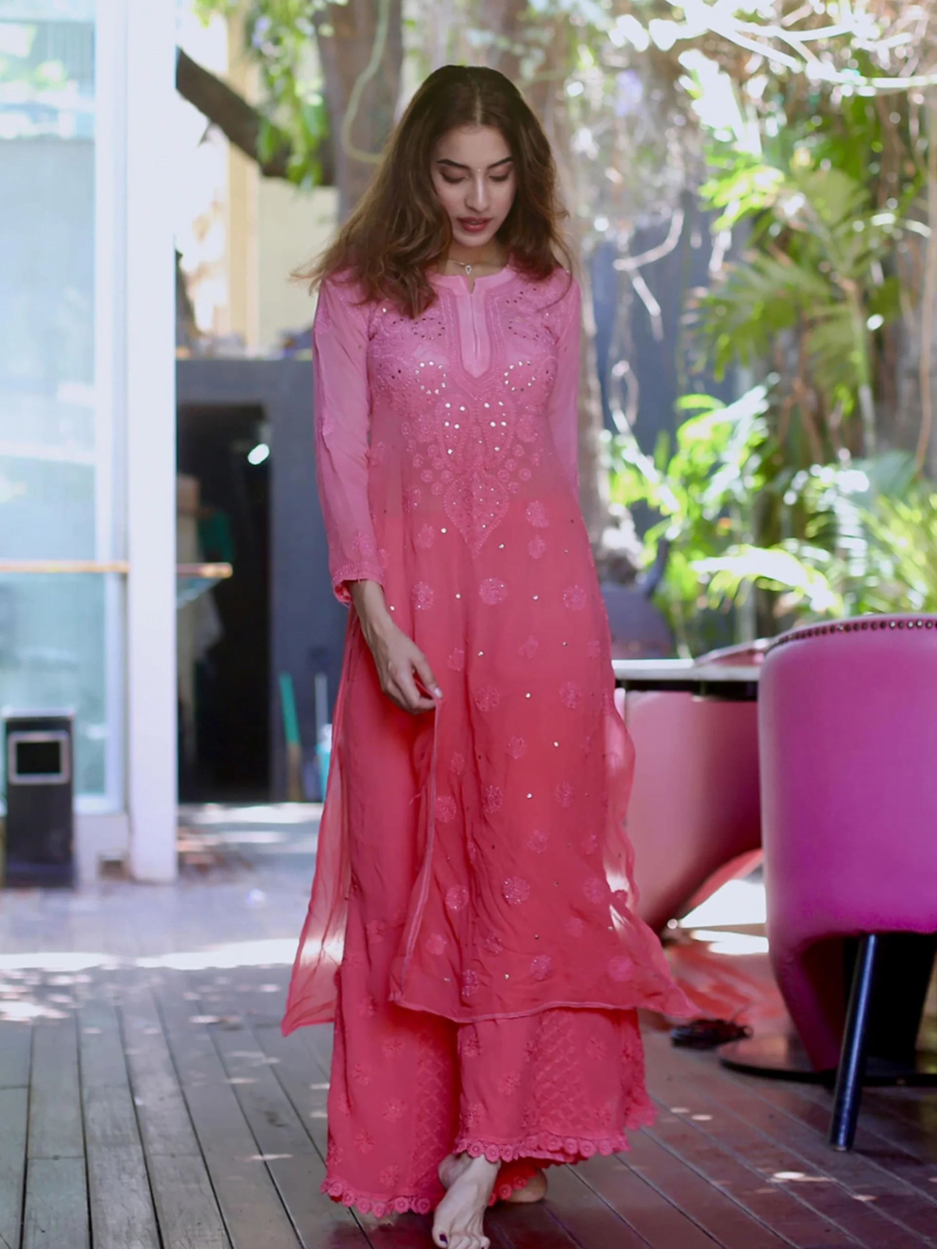 Conch Shell Pink Ombré Chikankari Kurta - Image 5