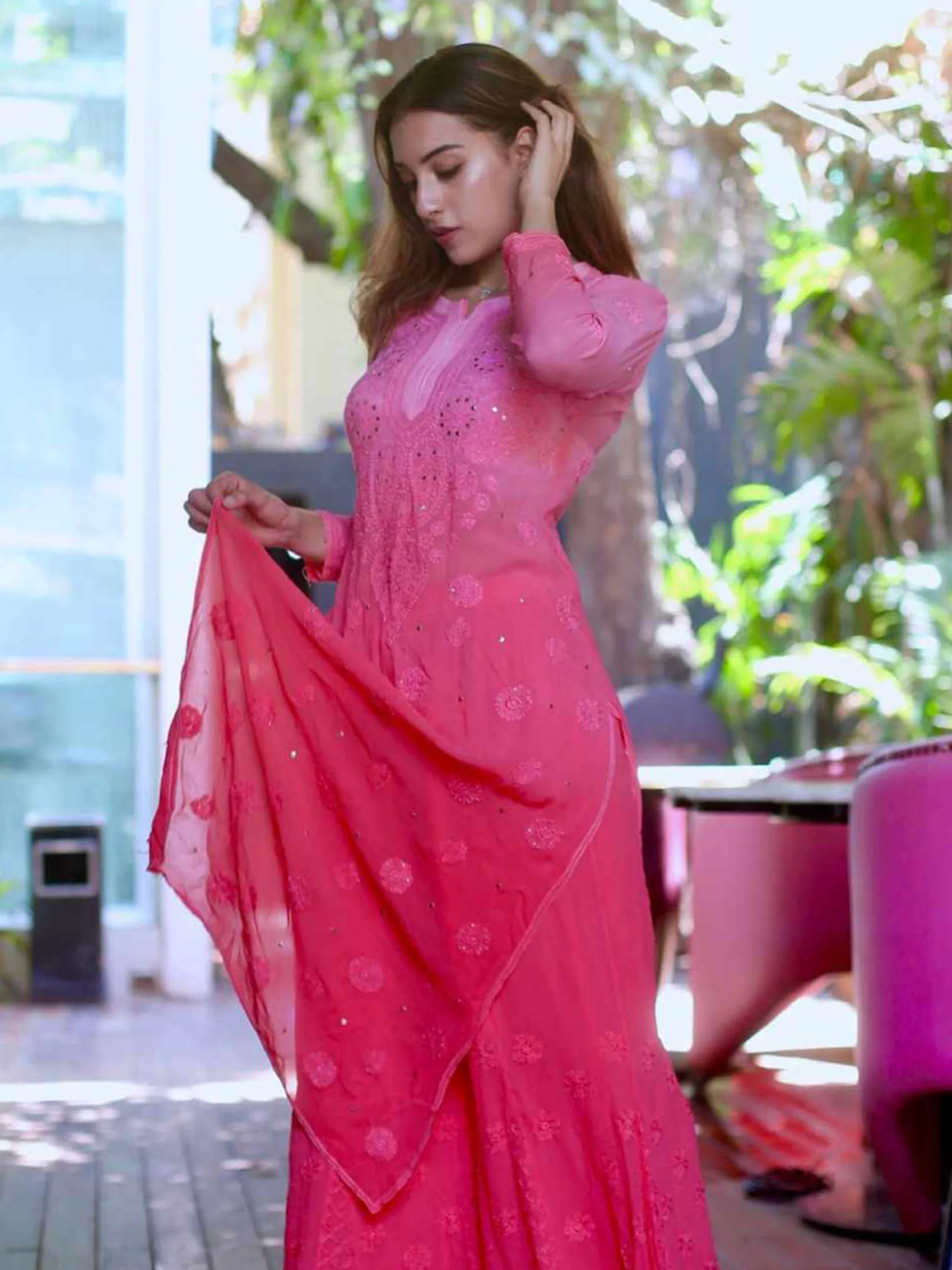 Conch Shell Pink Ombré Chikankari Kurta Set - Image 4