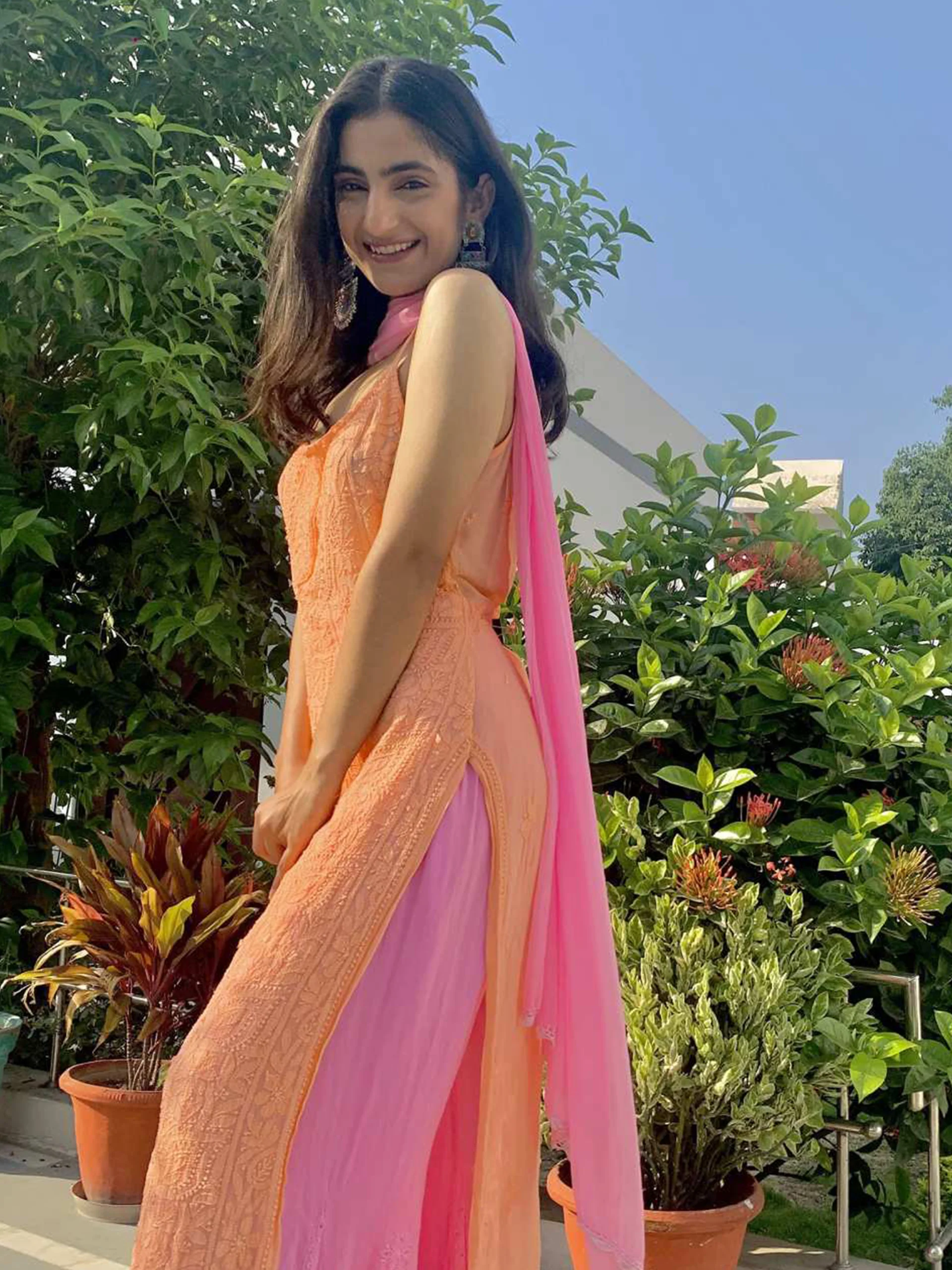 Coral Blush Strappy Chikankari Kurta Set (Set of 3) - Image 3