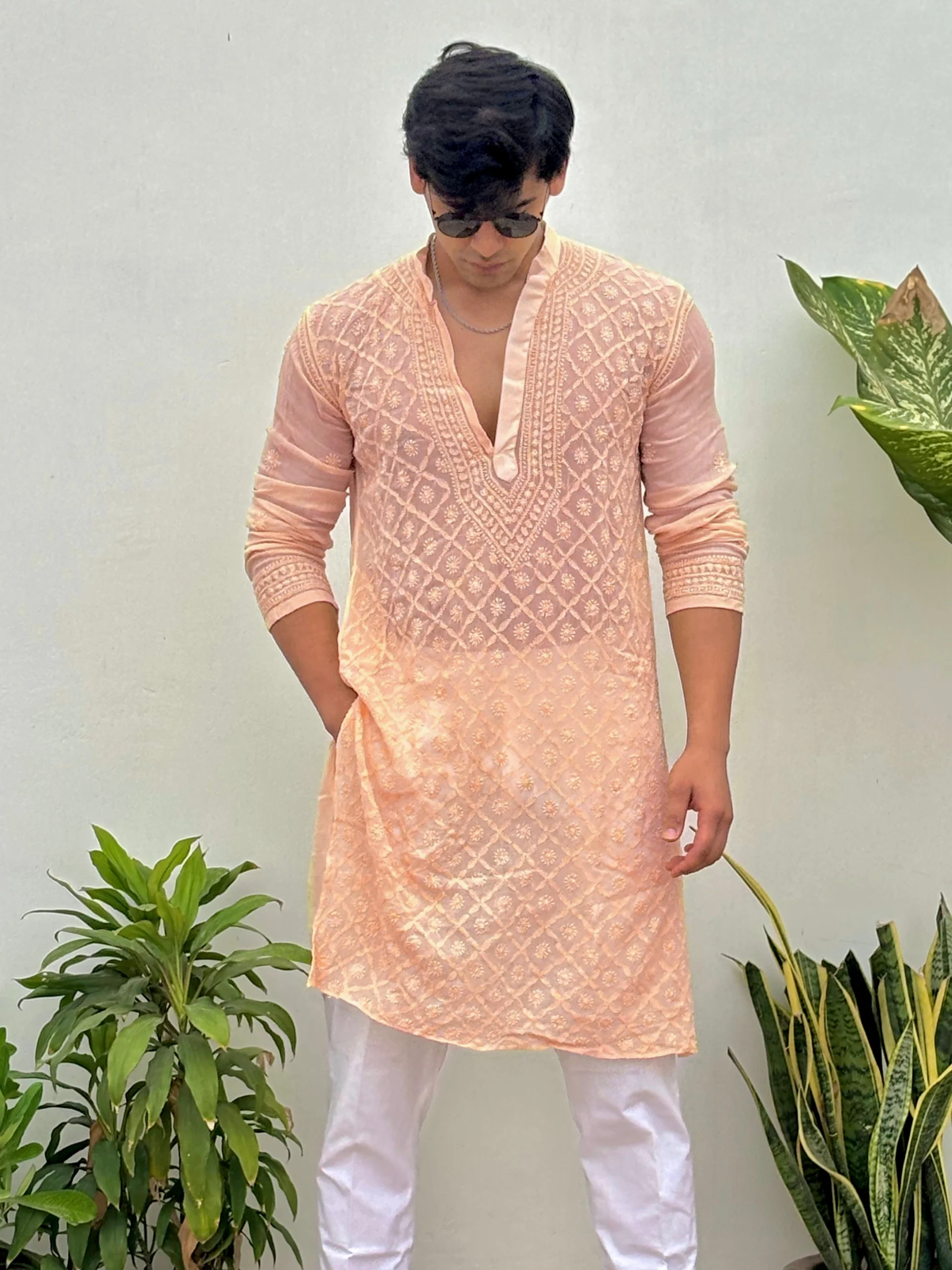 Coral Veil Mens Chikankari Hand-embroidered Kurta - Image 4
