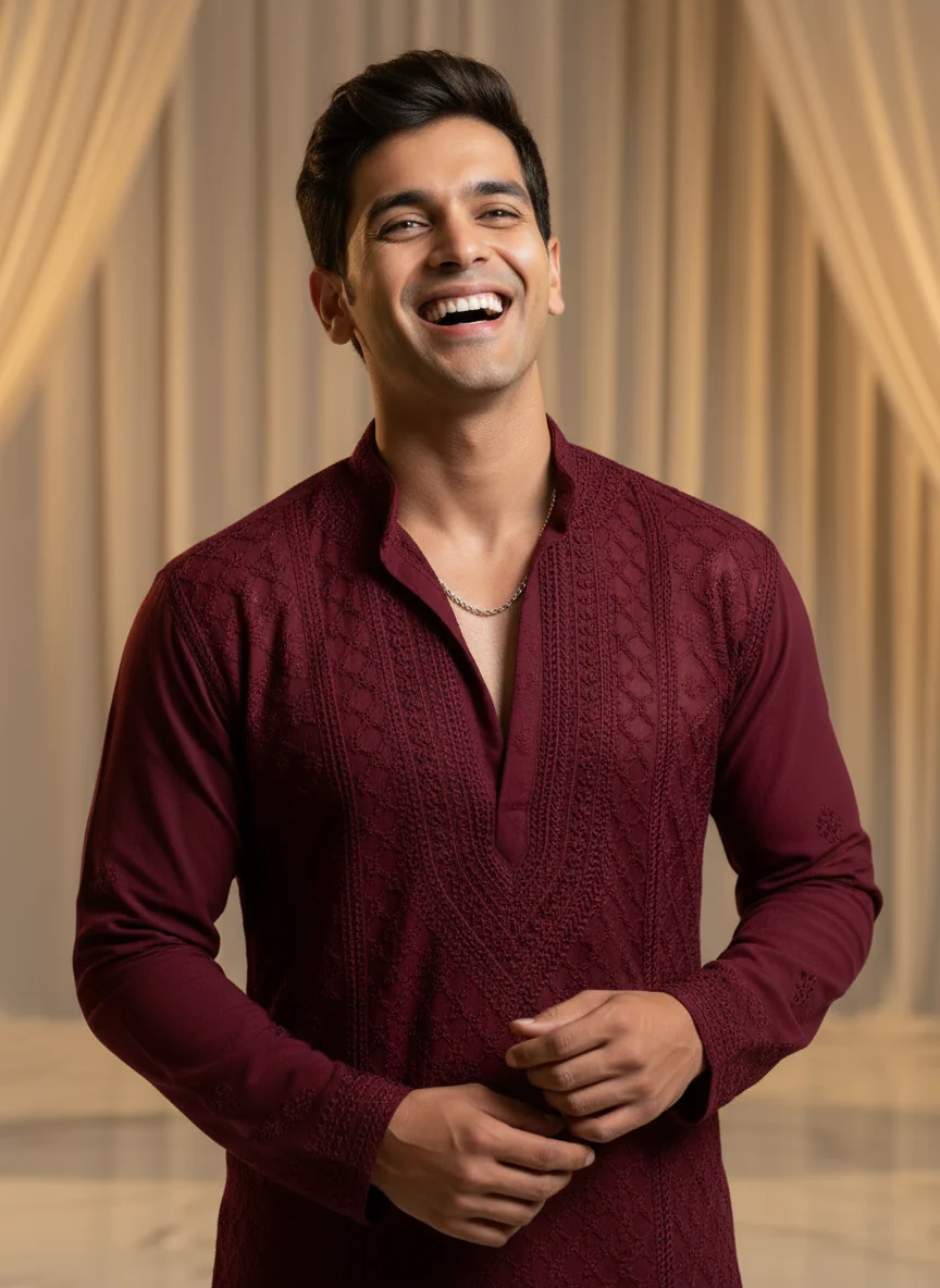 Deep Burgundy Mens Chikankari Hand-embroidered Kurta - Image 3