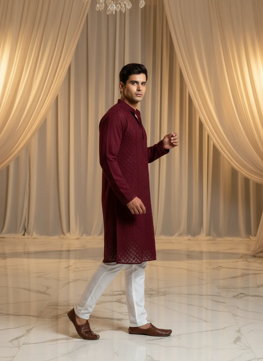 Deep Burgundy Mens Chikankari Hand-embroidered Kurta - Image 4