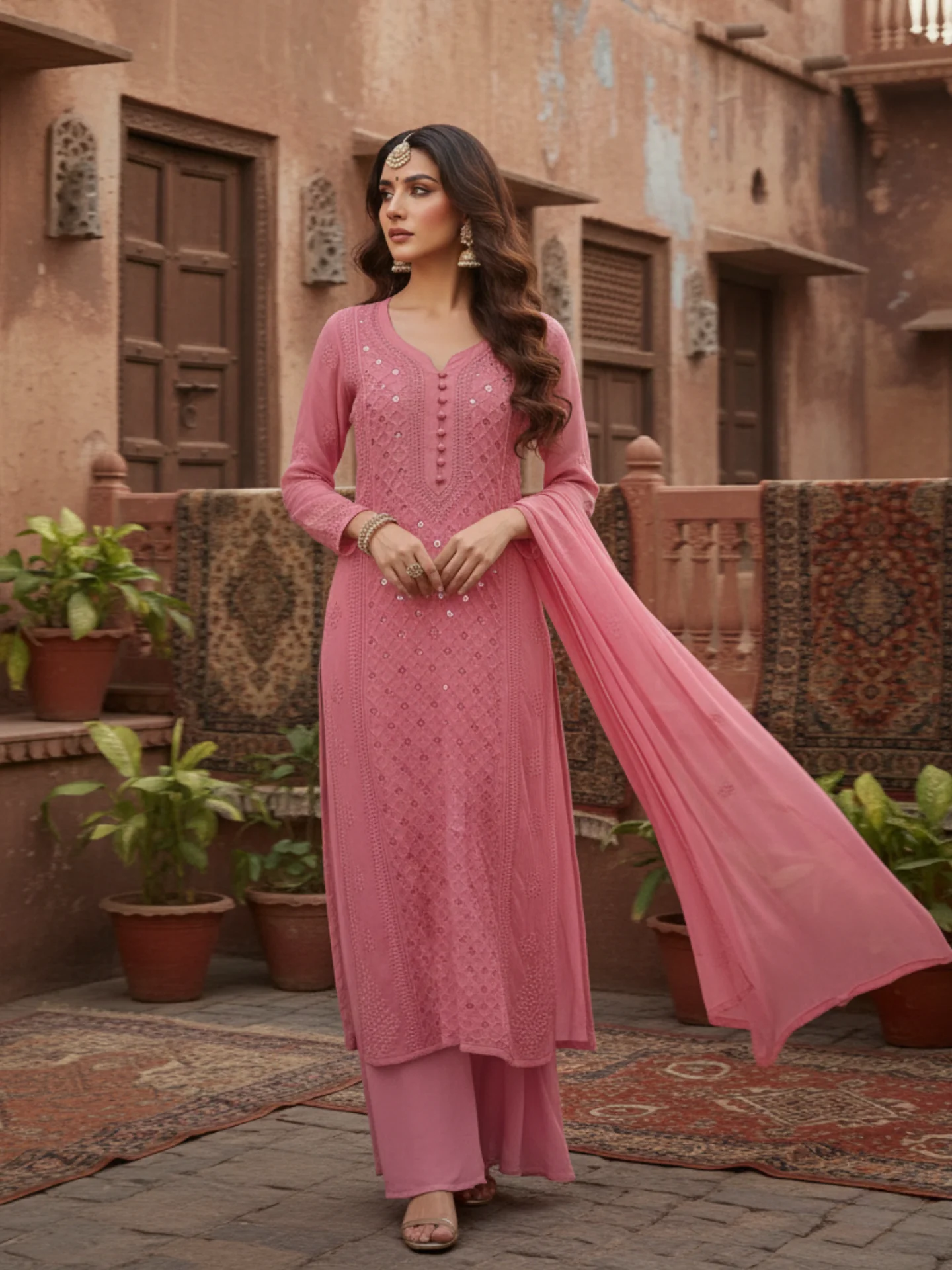 Dusty Rose Ring Work Kurta Set - Image 4