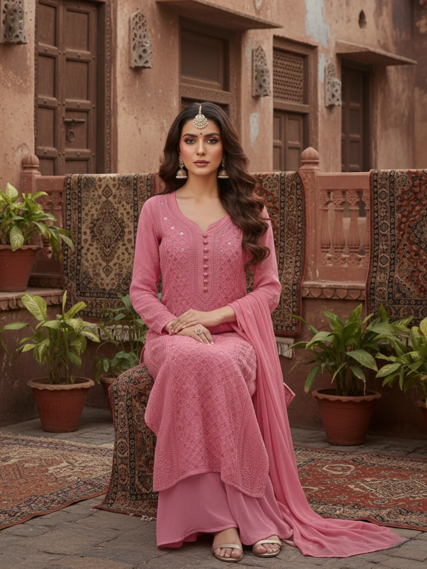 Dusty Rose Ring Work Kurta Set - Image 5