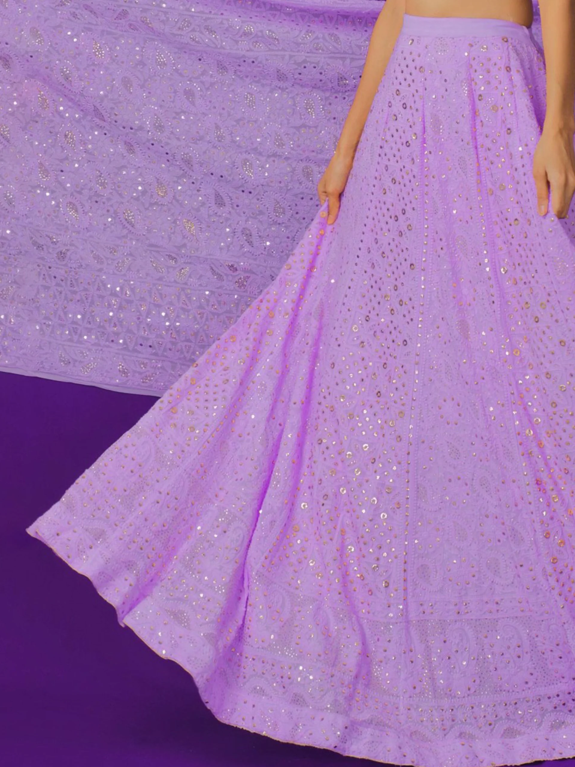 English Lavender Chikankari & Mukaish Lehenga - Image 4