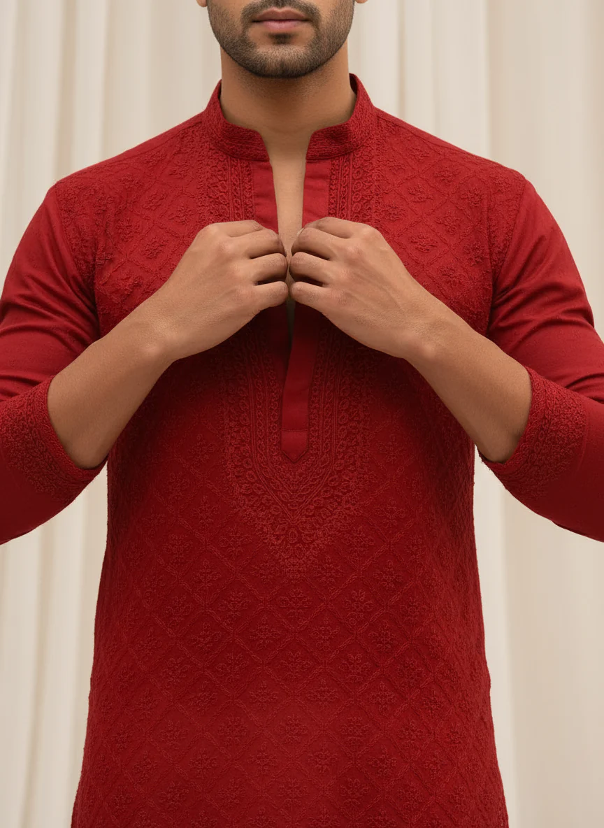 Fiery Red Mens Chikankari Hand-embroidered Kurta - Image 3