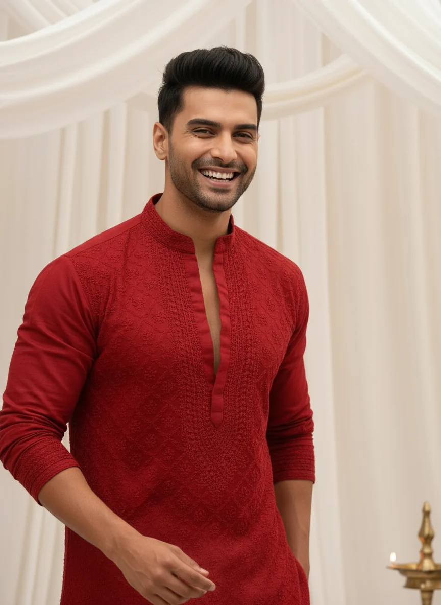 Fiery Red Mens Chikankari Hand-embroidered Kurta - Image 4