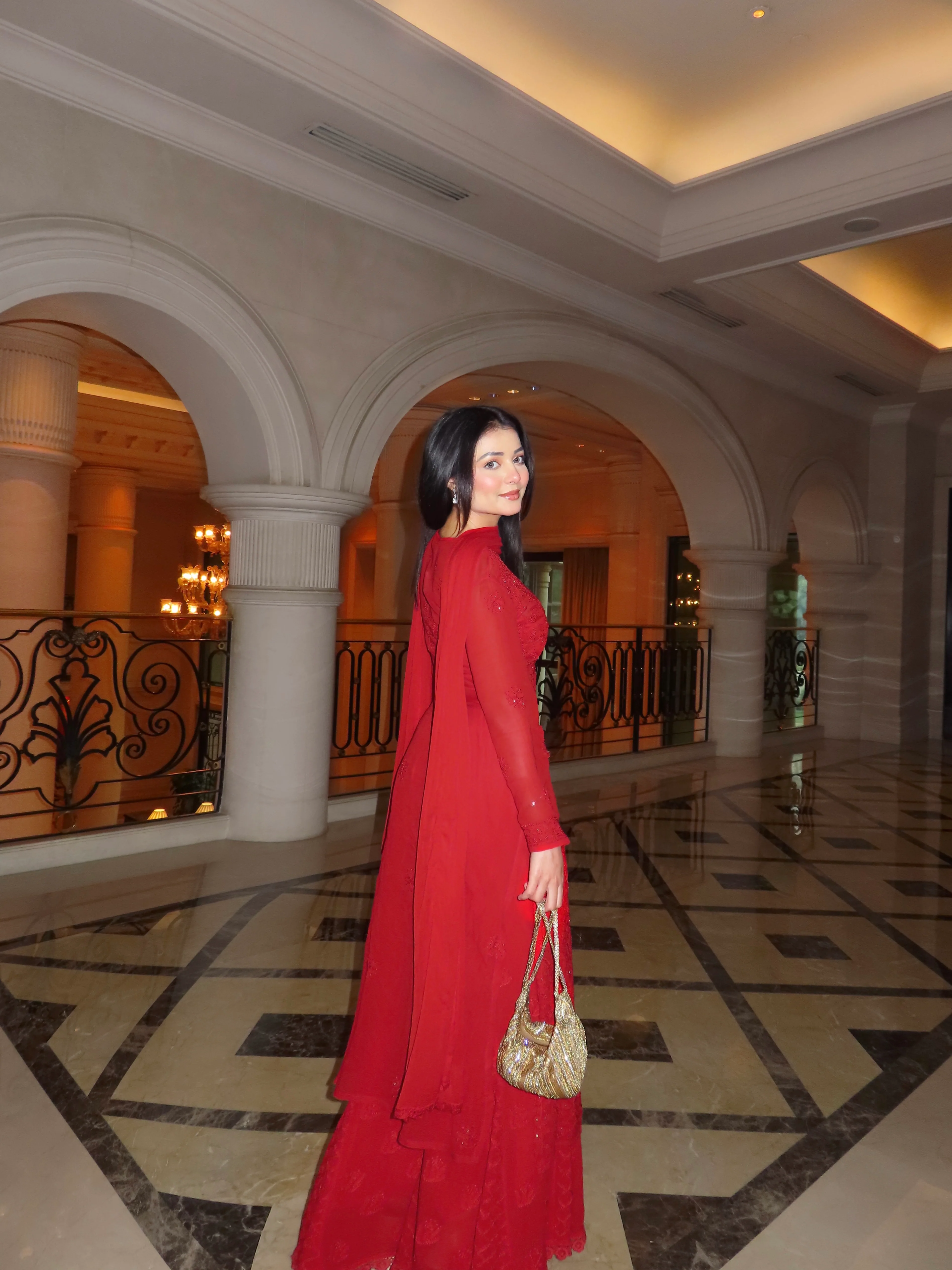 Forbidden Red Full Sleeves Chikankari Kurta Set (Set of 3) - Image 4