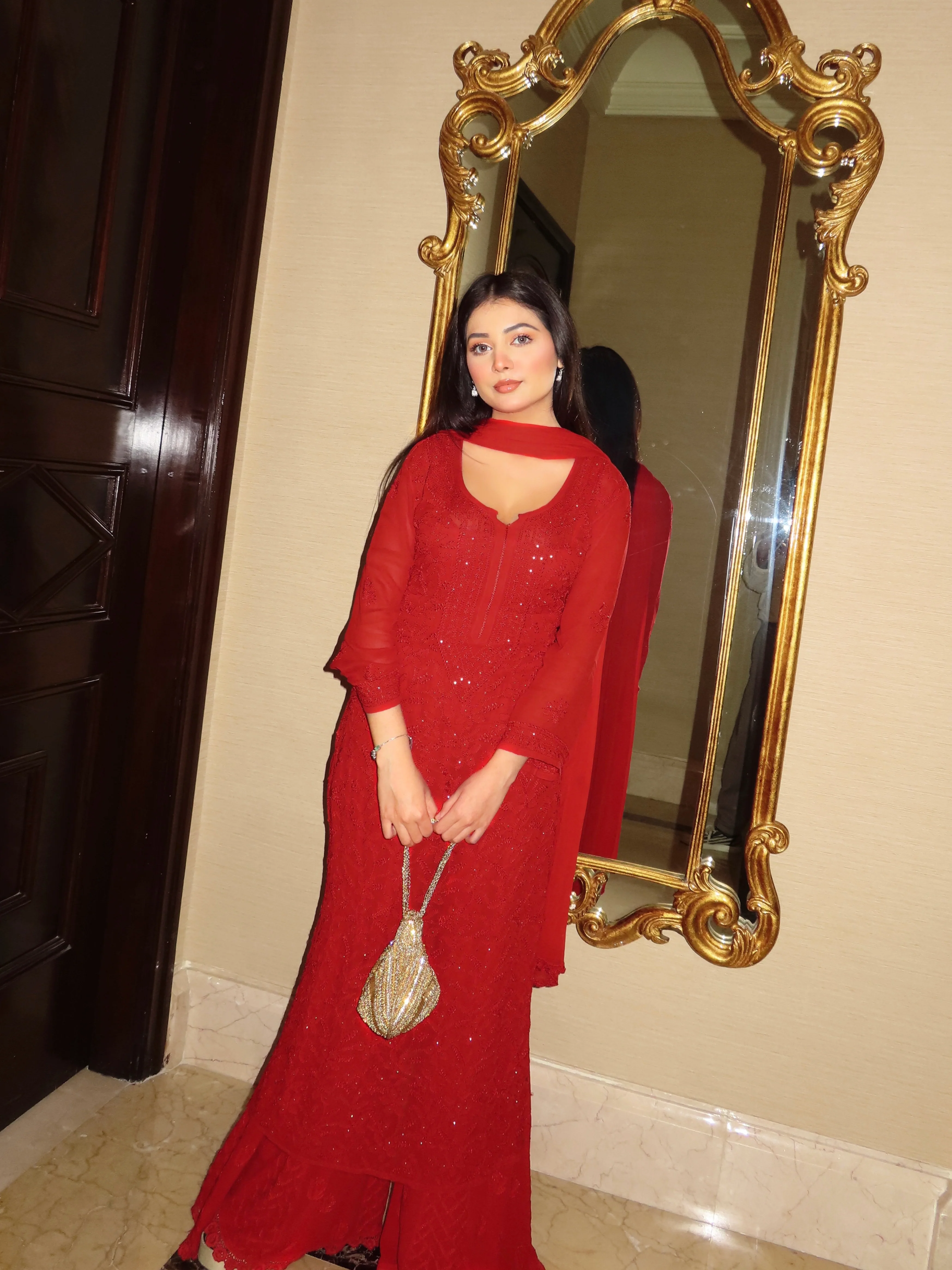 Forbidden Red Full Sleeves Chikankari Kurta Set (Set of 3) - Image 5