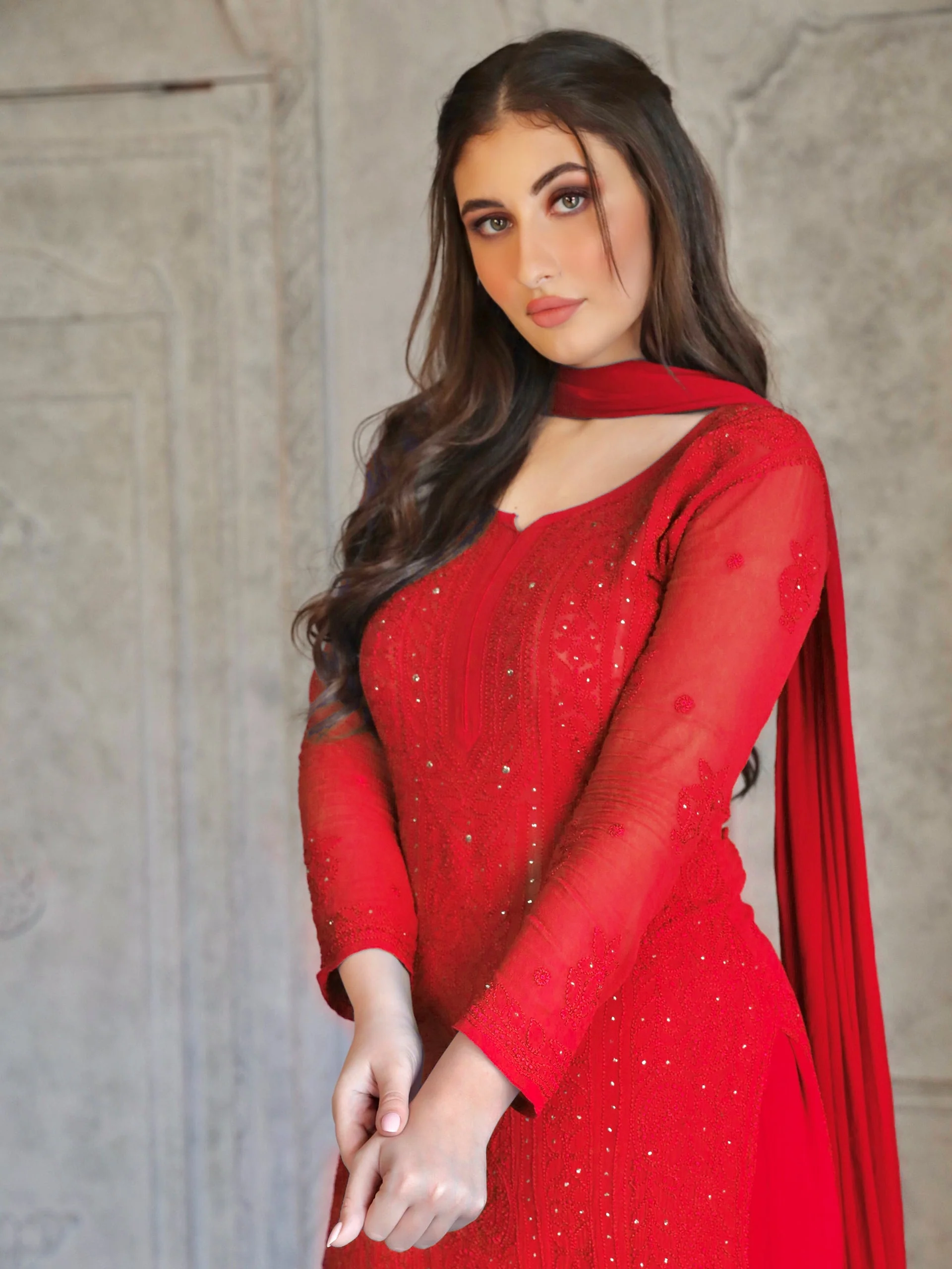 Forbidden Red Full Sleeves Chikankari Kurta - Image 13