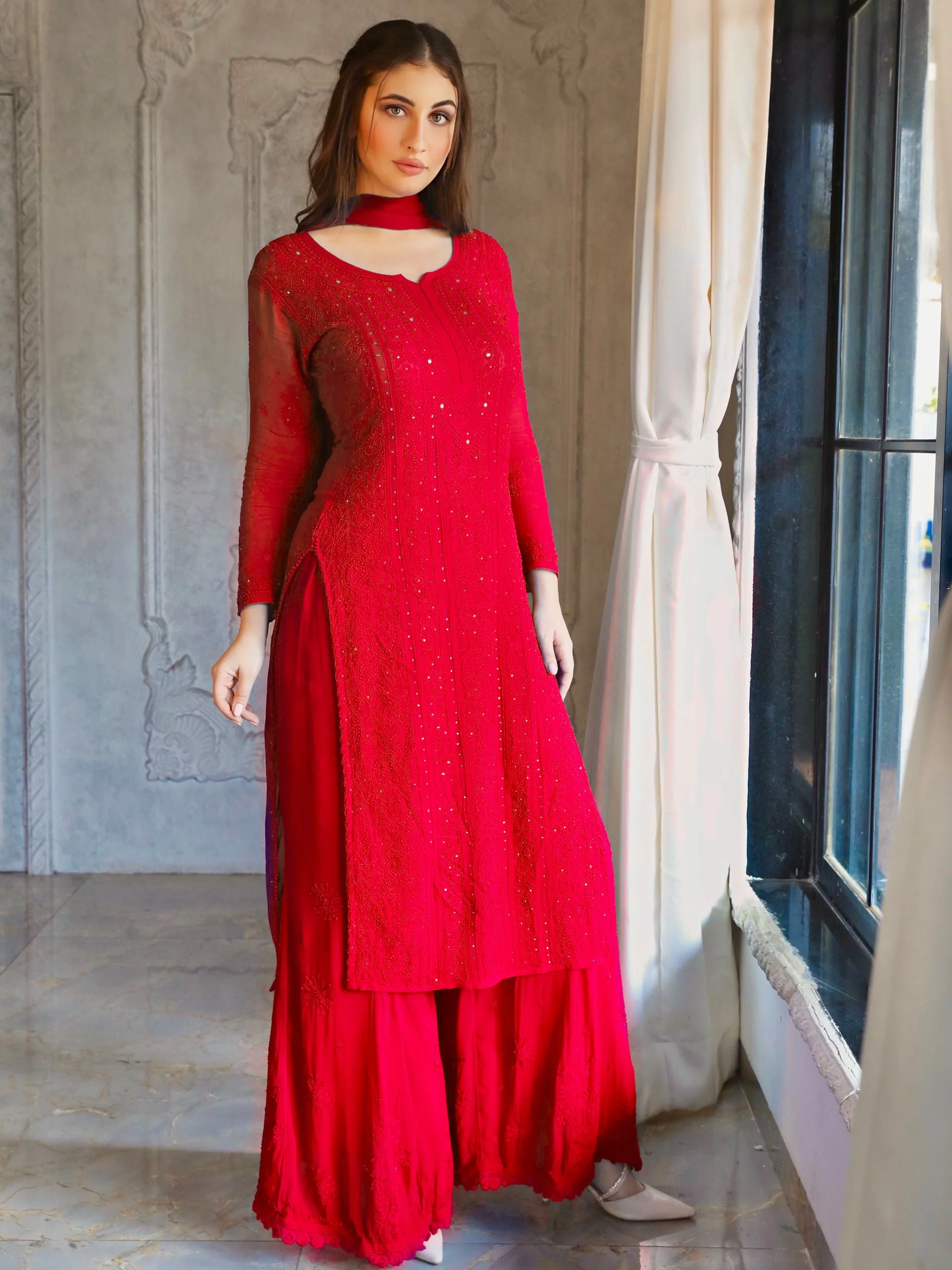 Forbidden Red Full Sleeves Chikankari Kurta - Image 14