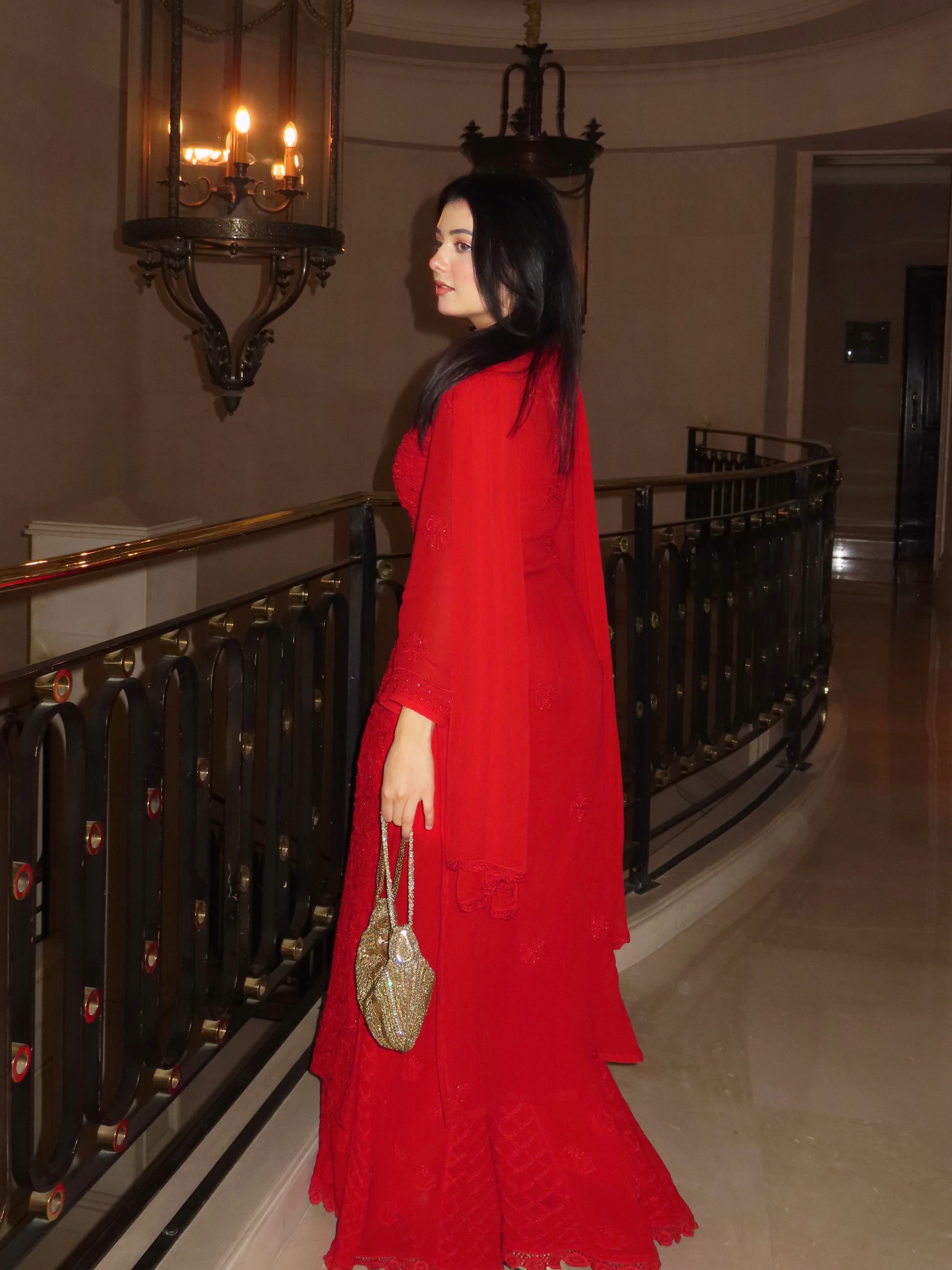 Forbidden Red Full Sleeves Chikankari Kurta Set (Set of 3) - Image 16