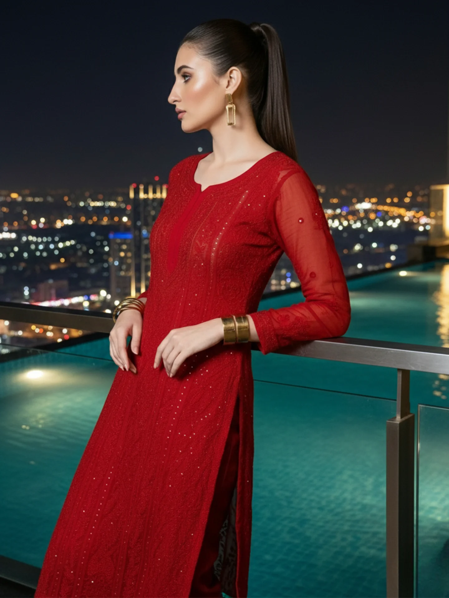 Forbidden Red Full Sleeves Chikankari Kurta - Image 5