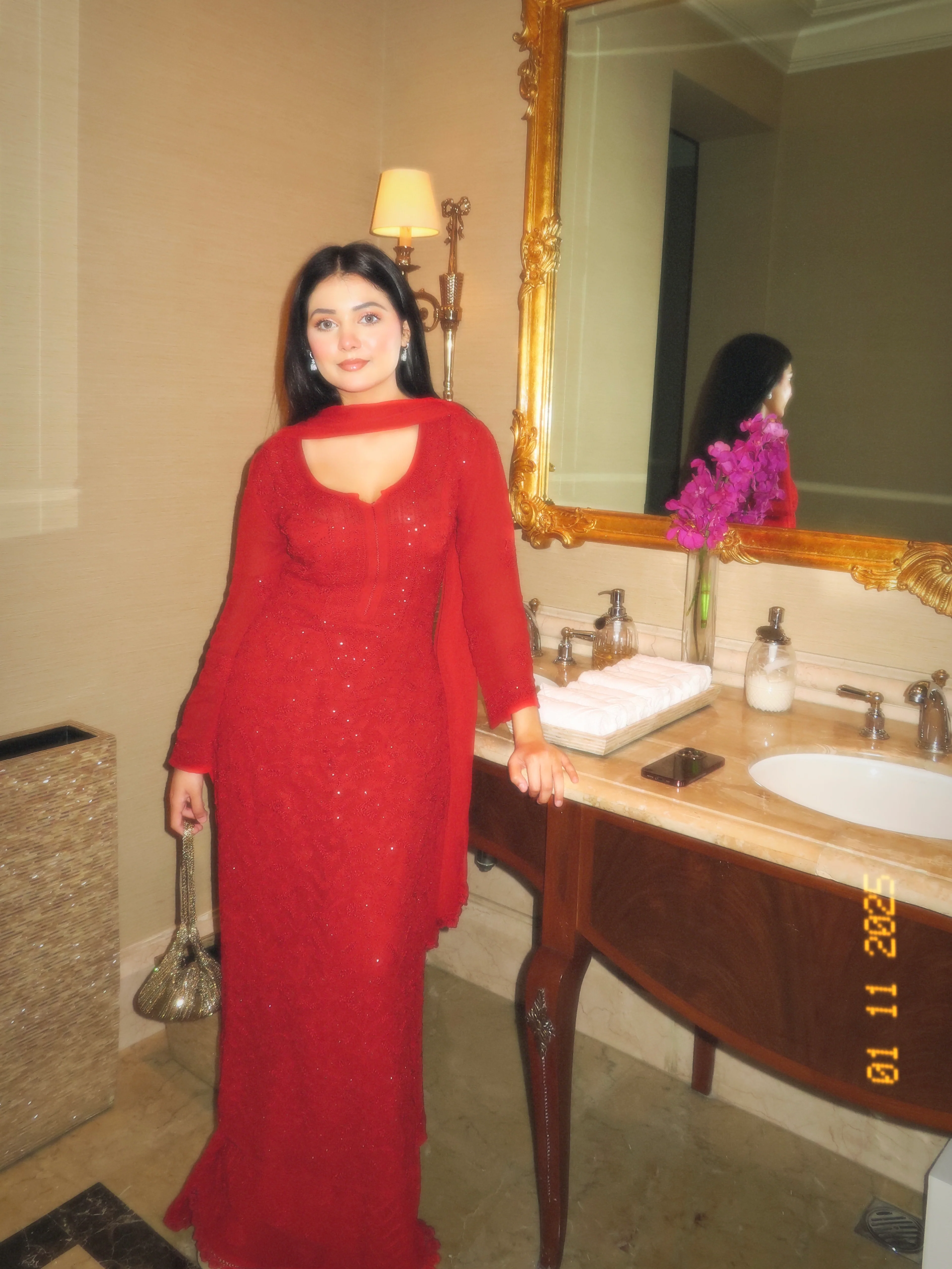 Forbidden Red Full Sleeves Chikankari Kurta Set (Set of 3) - Image 3