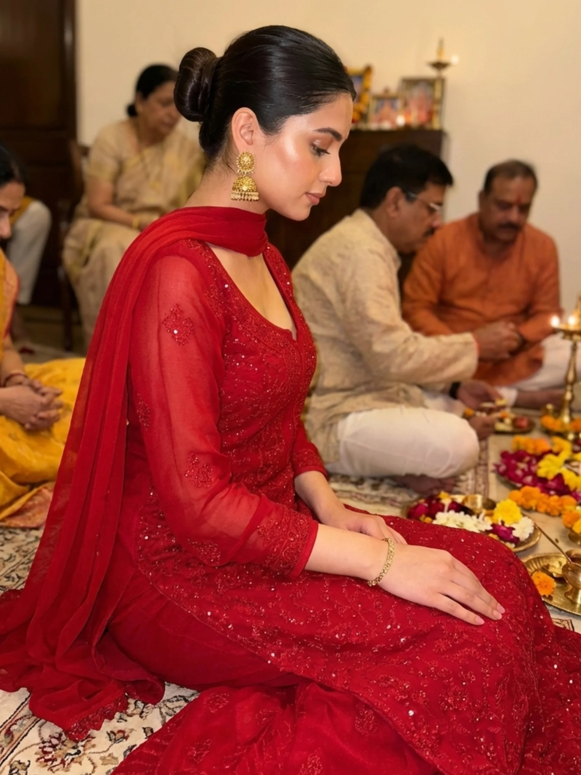 Forbidden Red Full Sleeves Chikankari Kurta Set (Set of 3) - Image 11