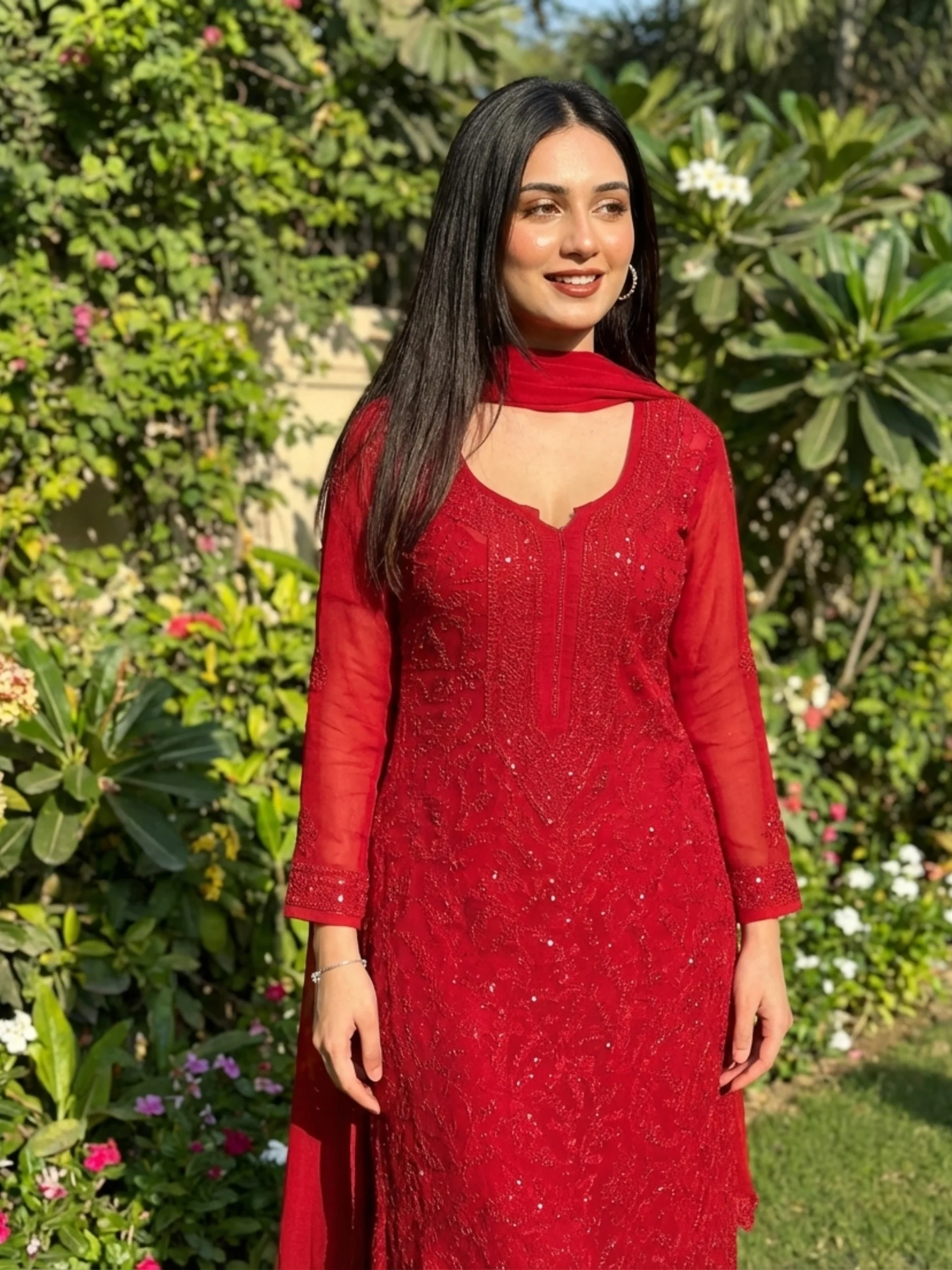 Forbidden Red Full Sleeves Chikankari Kurta Set (Set of 3) - Image 12