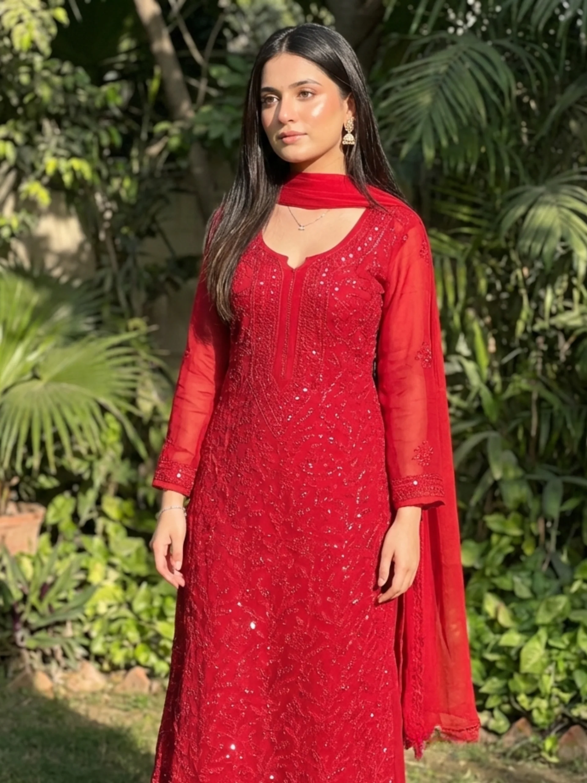 Forbidden Red Full Sleeves Chikankari Kurta Set (Set of 3) - Image 13