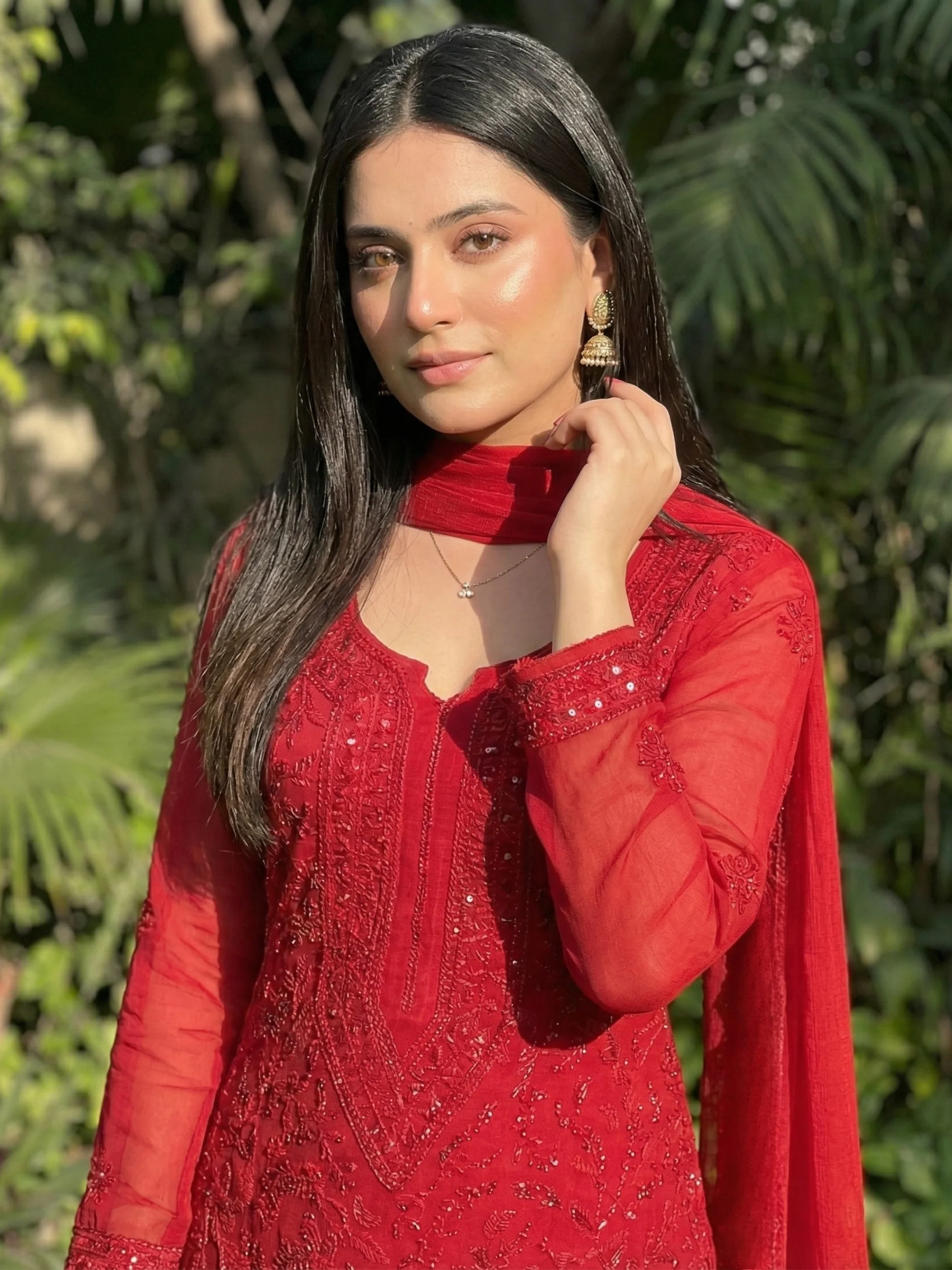 Forbidden Red Full Sleeves Chikankari Kurta Set (Set of 3) - Image 14